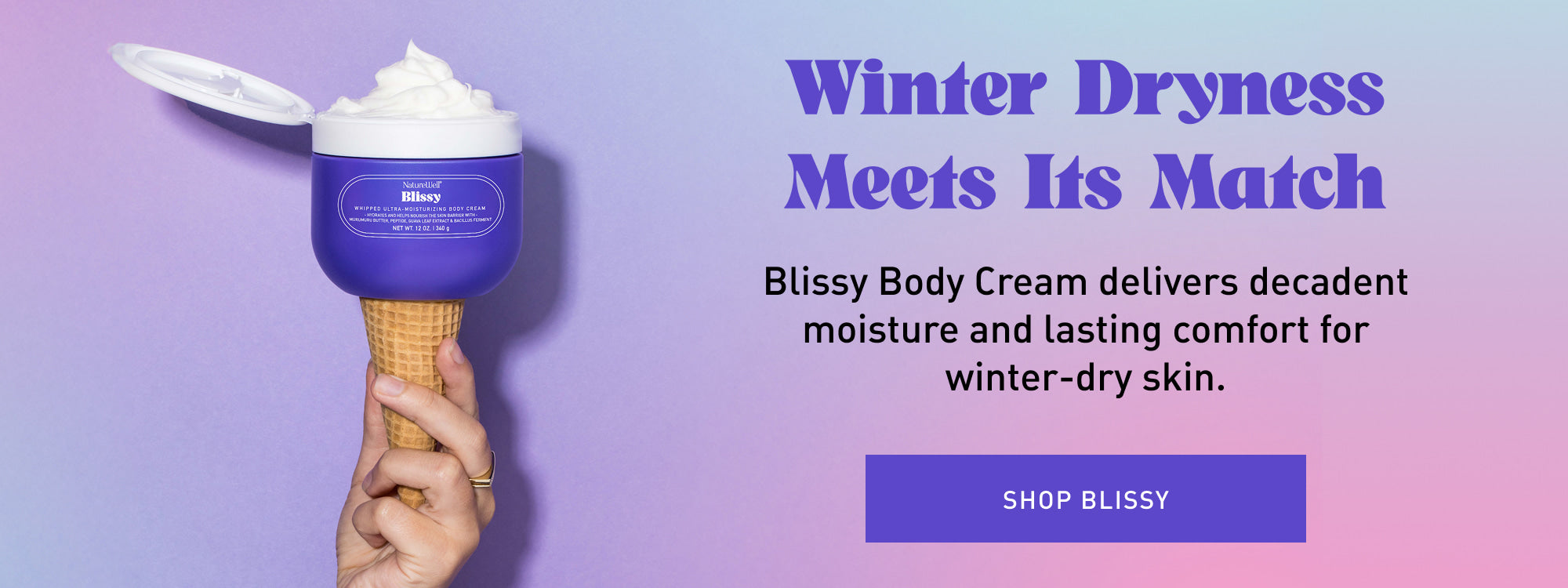 Open jar of NatureWell Blissy Body Cream on a light purple background with text overlay