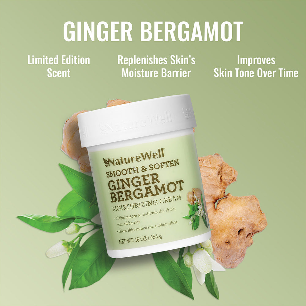 jar of ginger bergamot scented moisturizing cream with skin benefits listed