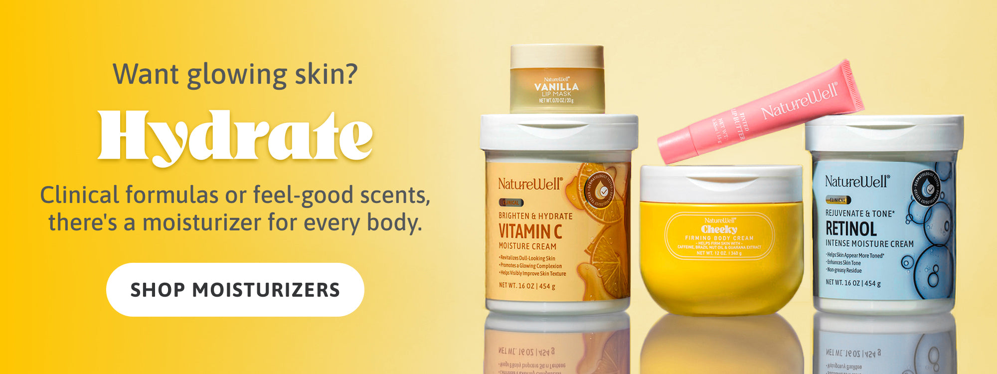 Assortment of NatureWell products on a yellow background with promotional text