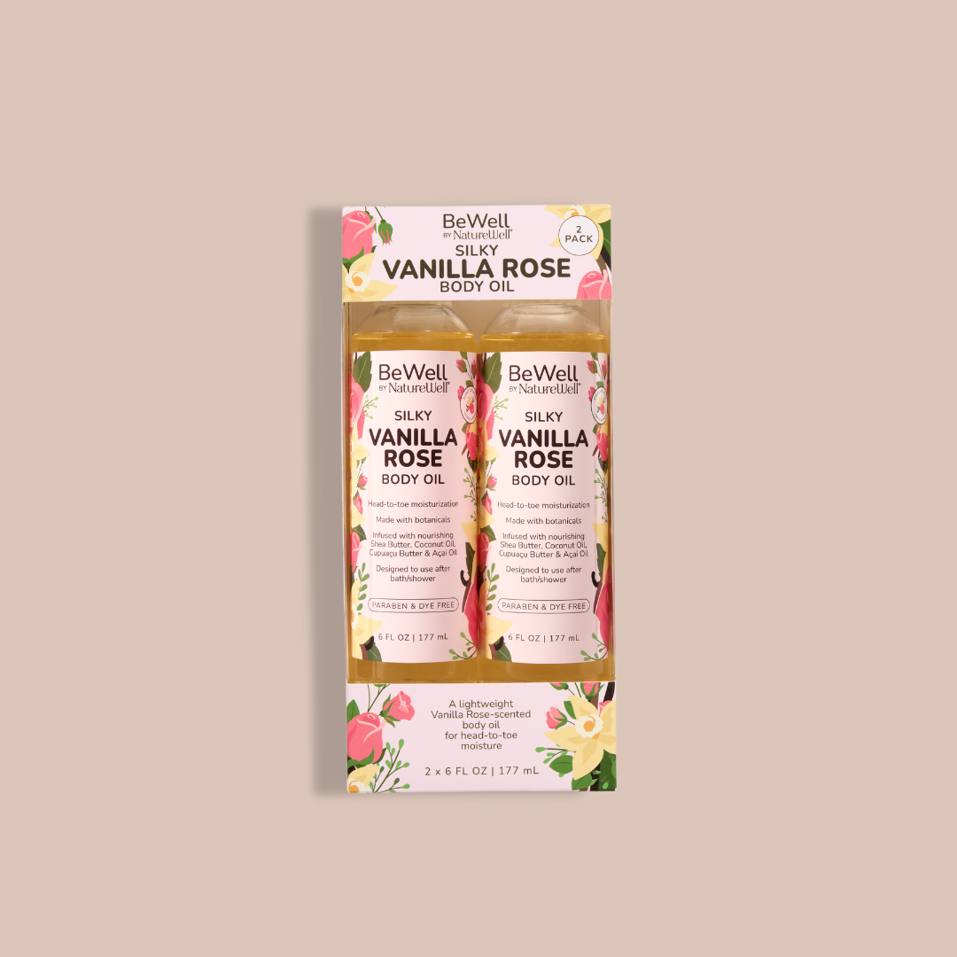 package of 2 six ounce bottles of silky vanilla rose body oil