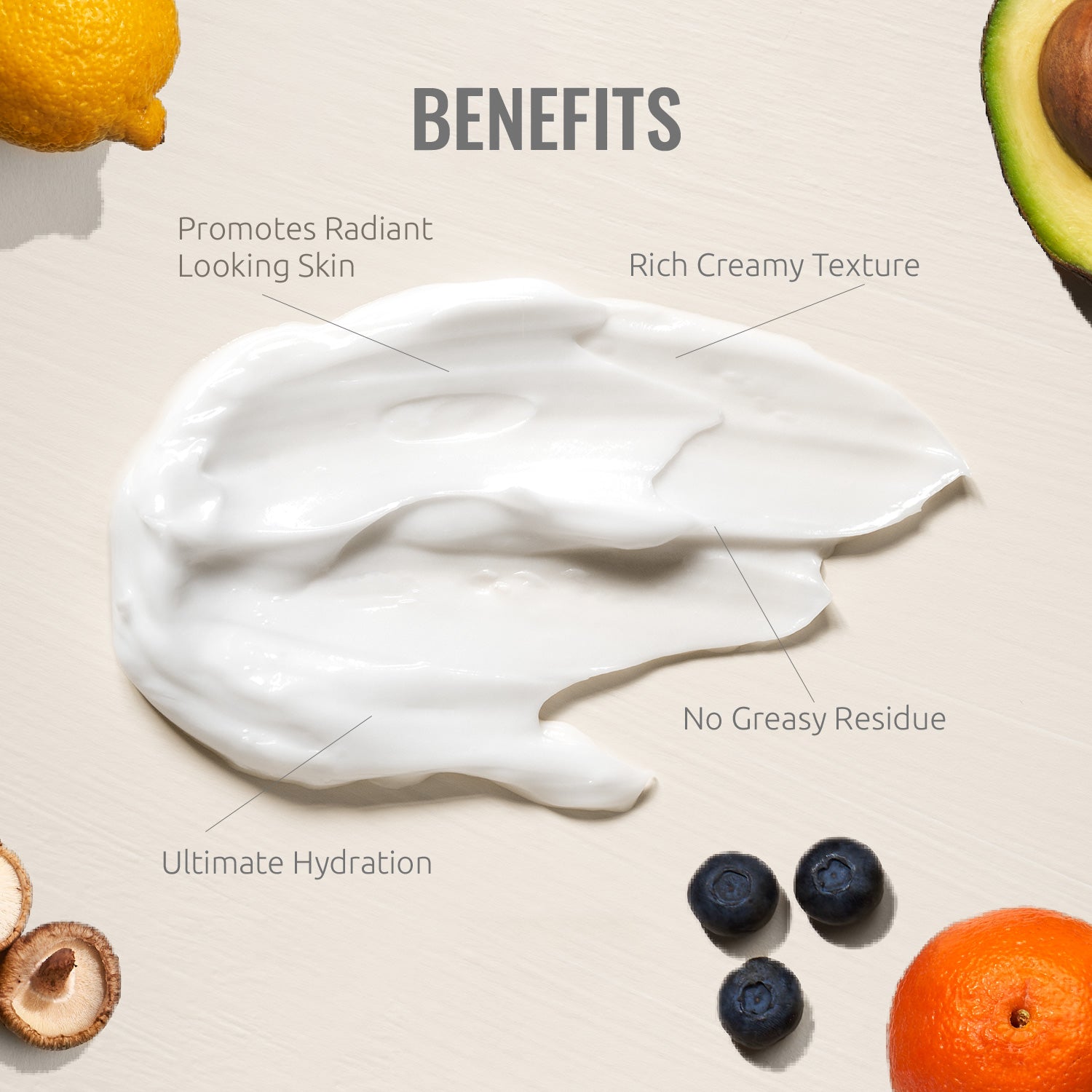 rich creamy texture and white color of moisturizing cream with skin benefits listed