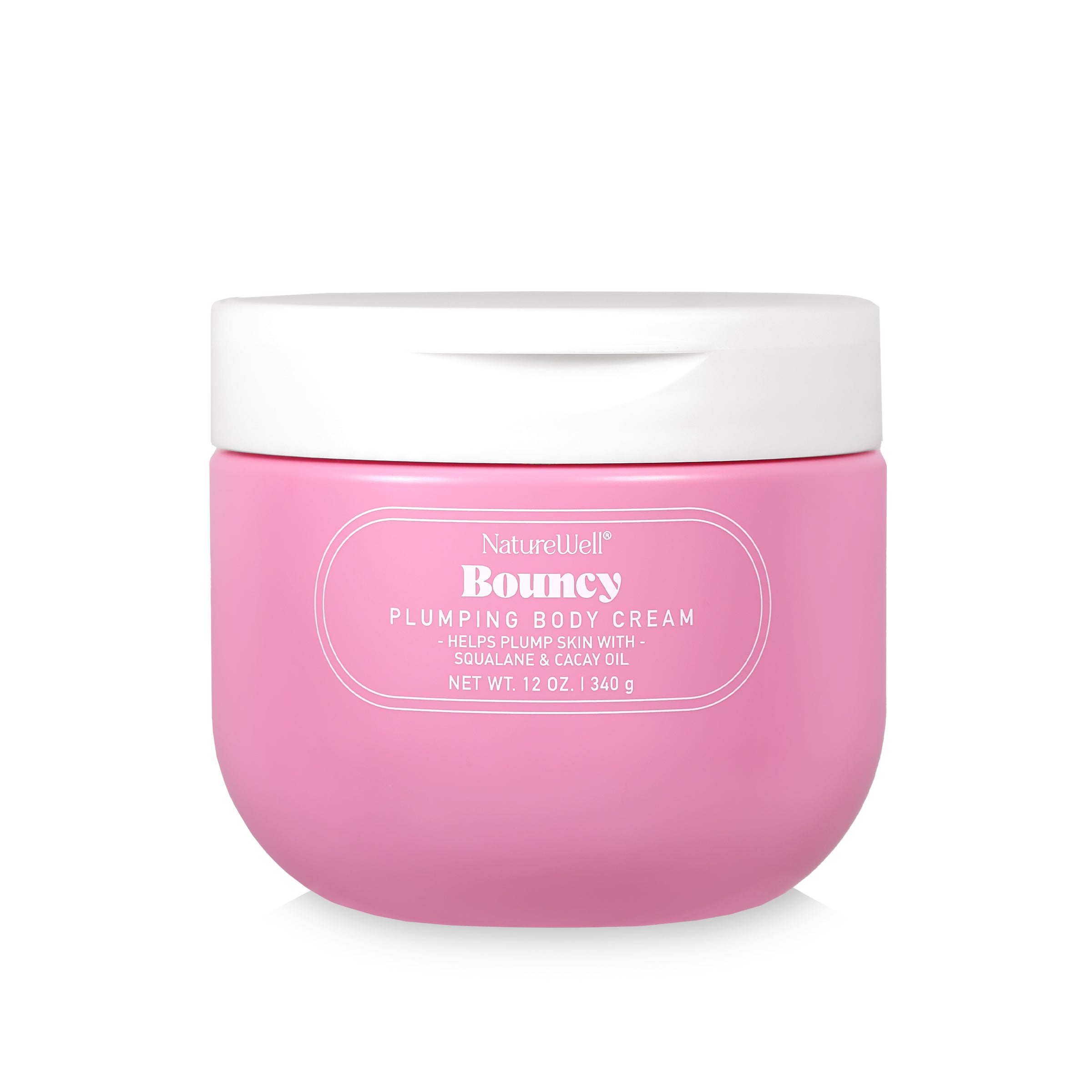 Jar of NatureWell Bouncy Plumping Body Cream on a white background