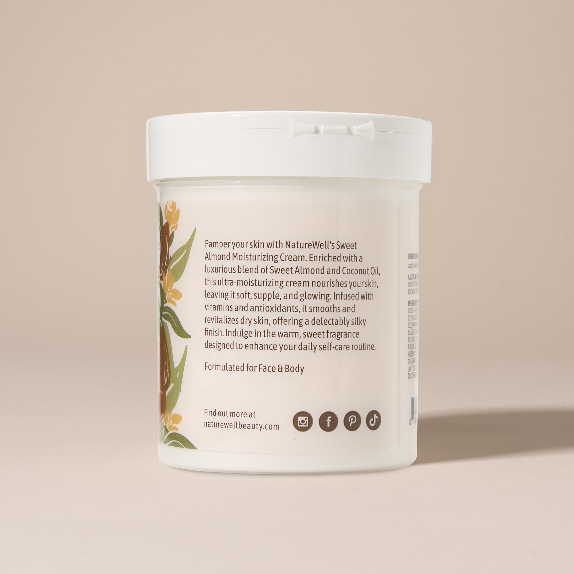 back of jar of sweet almond scented moisturizing cream listing ingredients and skin benefits