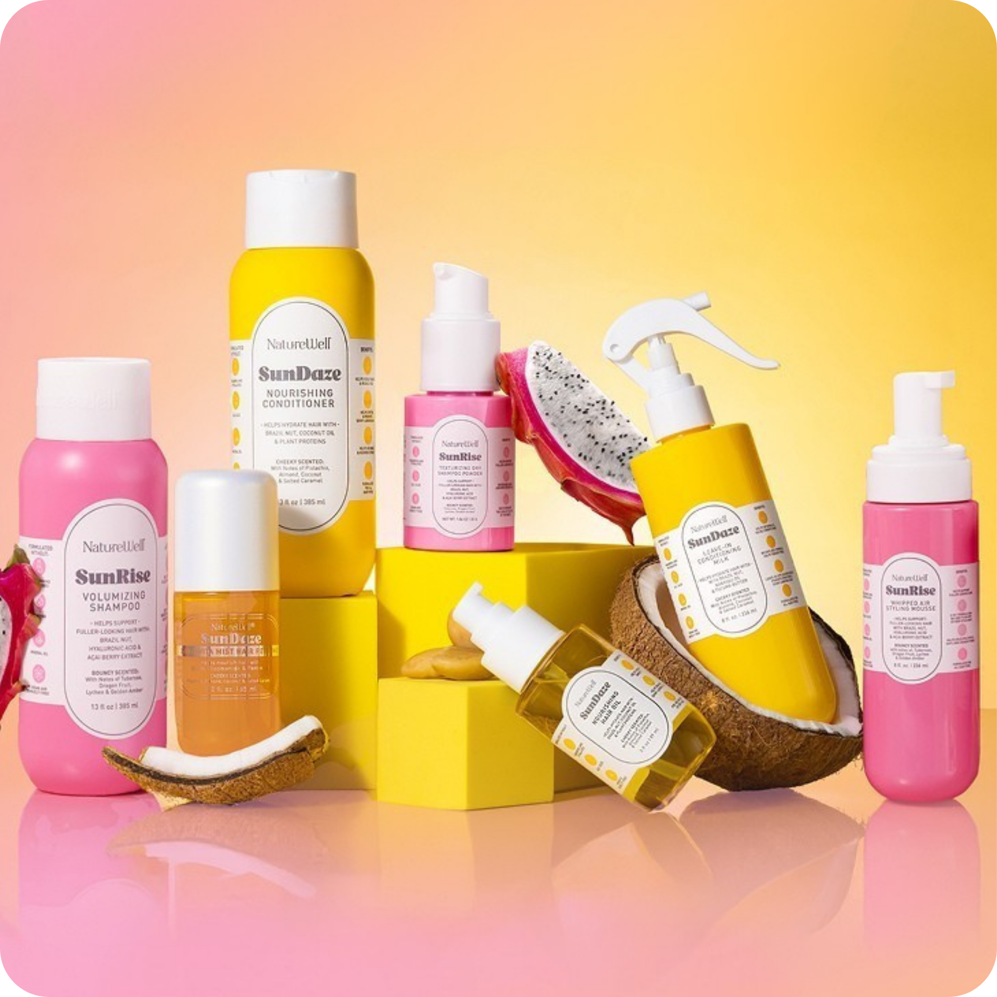 Collection of NatureWell SunDaze and Sunrise products on a colorful background