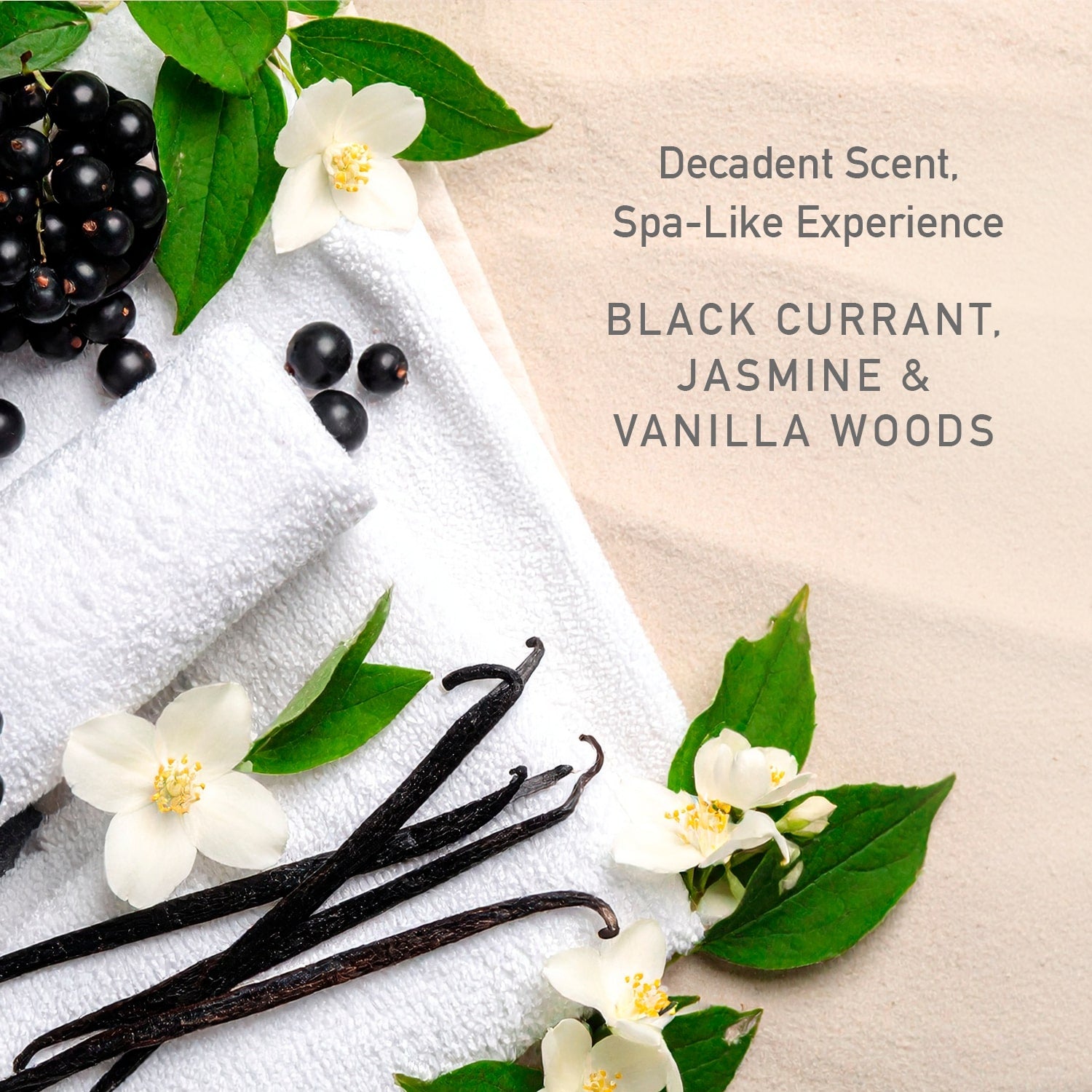 Black currants, vanilla beans, and jasmine flowers on a white towel with text about fragrance notes.