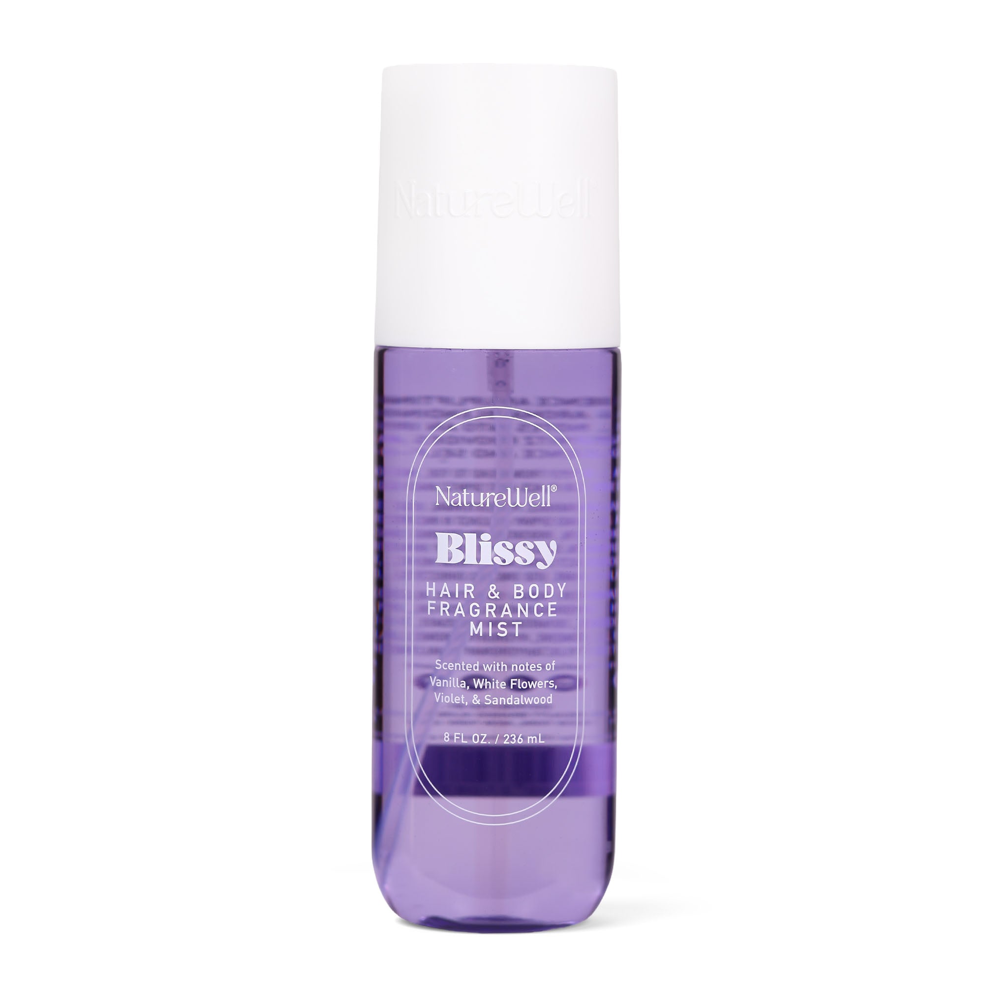 Bottle of NatureWell Blissy Hair & Body Fragrance Mist on a white background