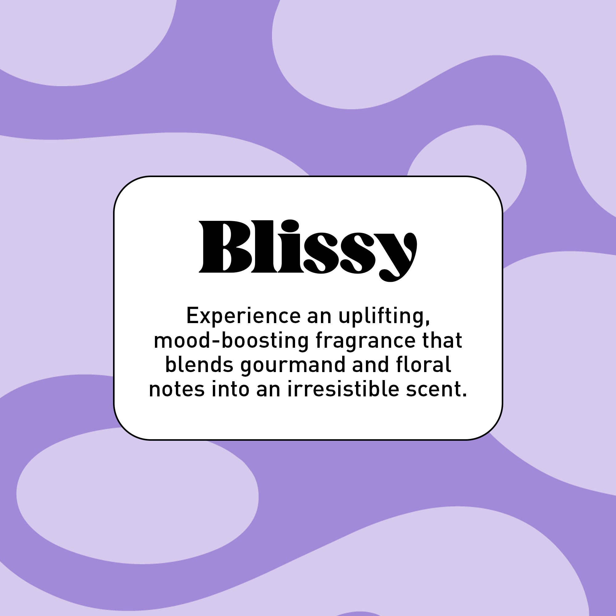 "Blissy" in black text against a purple background