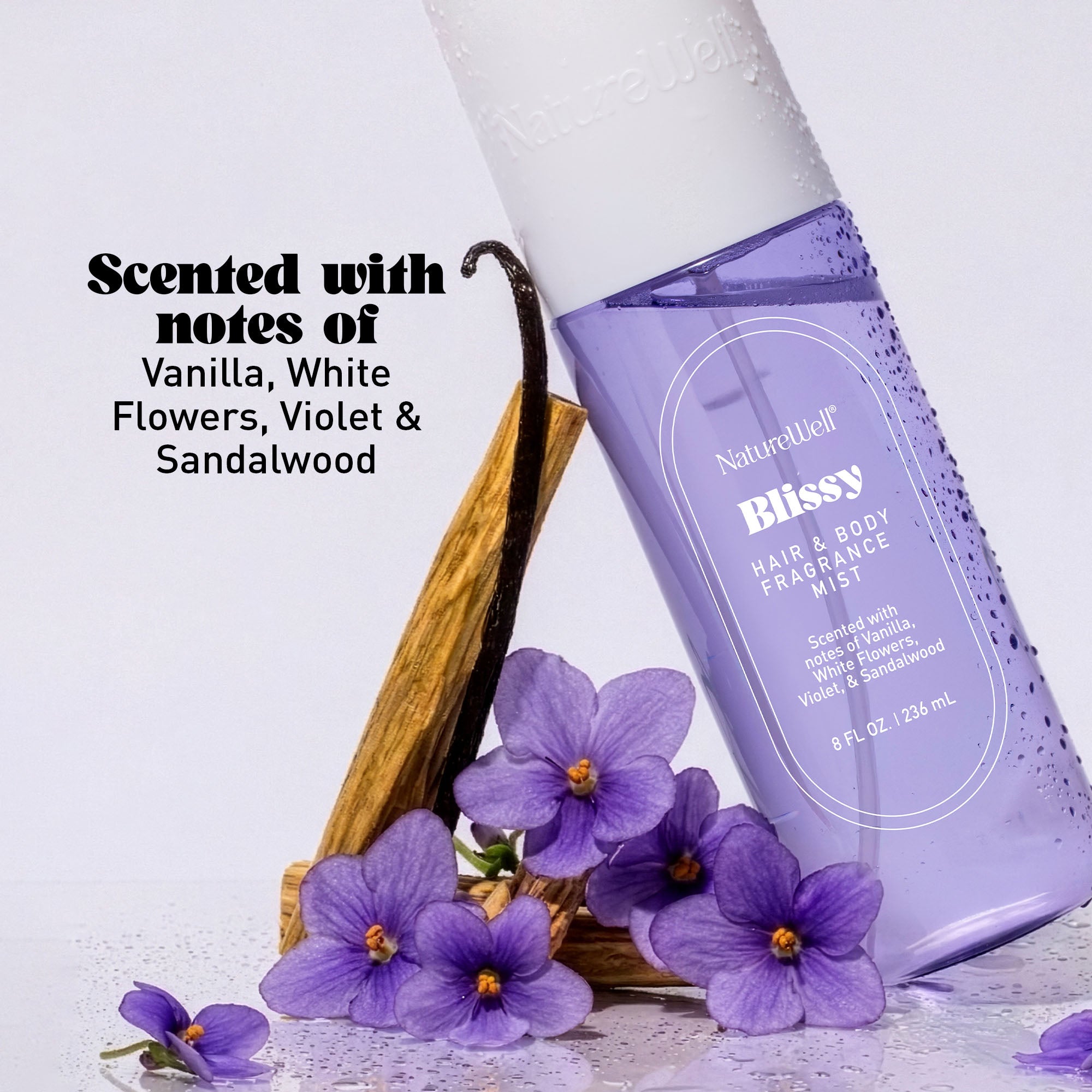 Bottle of NatureWell Blissy Hair & Body Fragrance Mist against a white background with text overlay