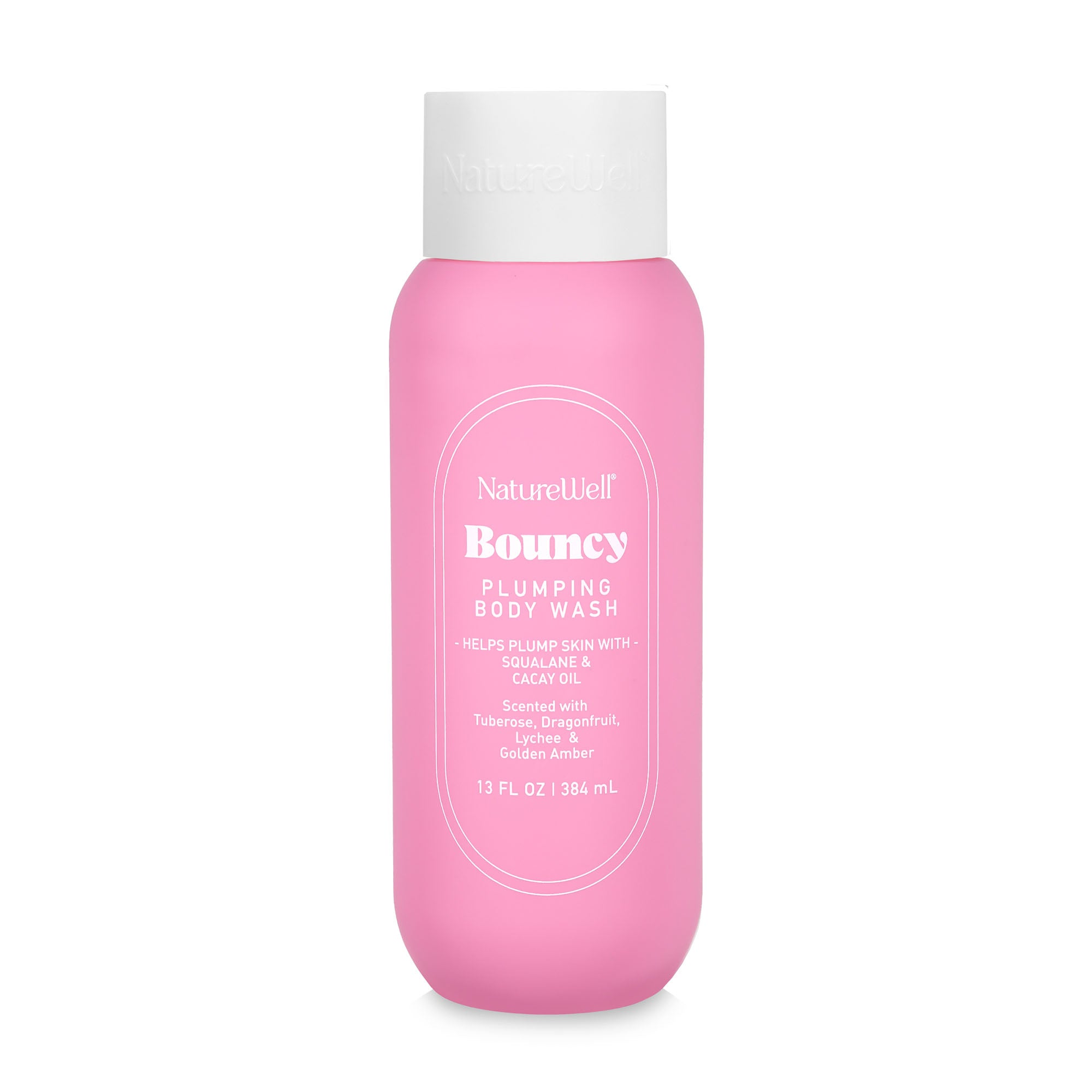 Bottle of NatureWell Bouncy Plumping Body Wash on a white background