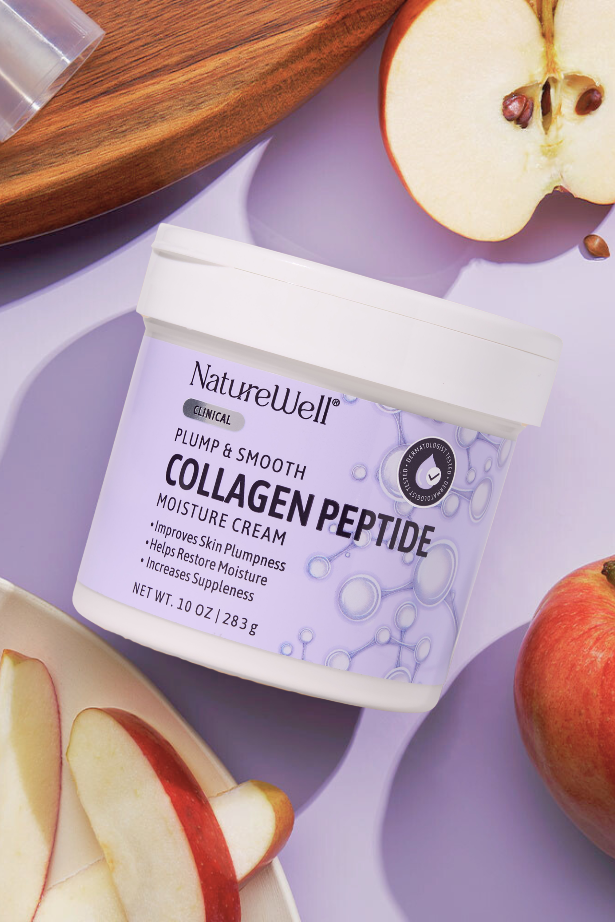 10 ounce jar of NatureWell Collagen Peptide Moisture Cream beside fresh cut apples