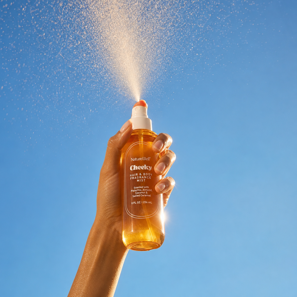 Bottle of NatureWell Cheeky Hair & Body Fragrance Mist on a blue background
