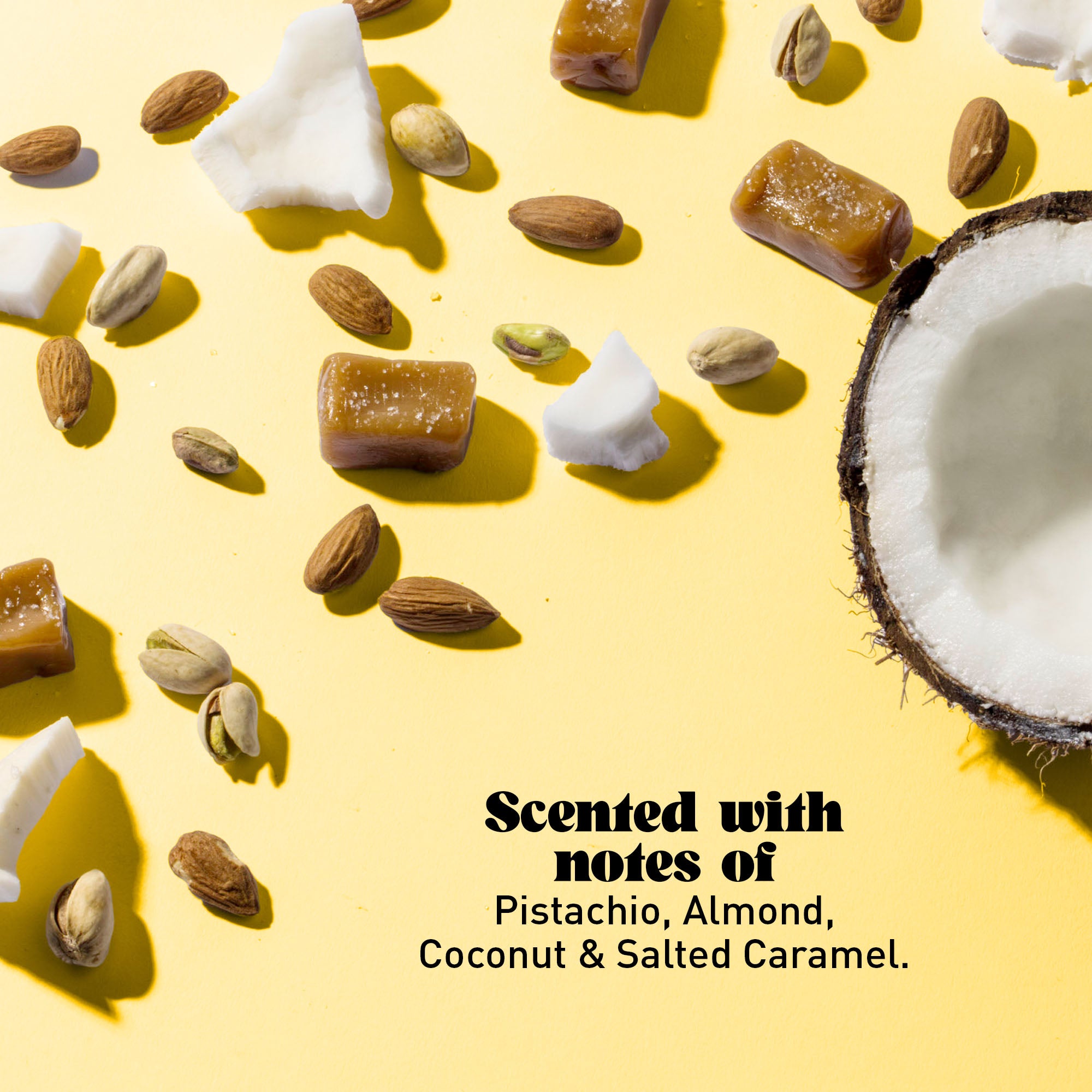 Coconut, caramel and almonds on a yellow background with text overlay