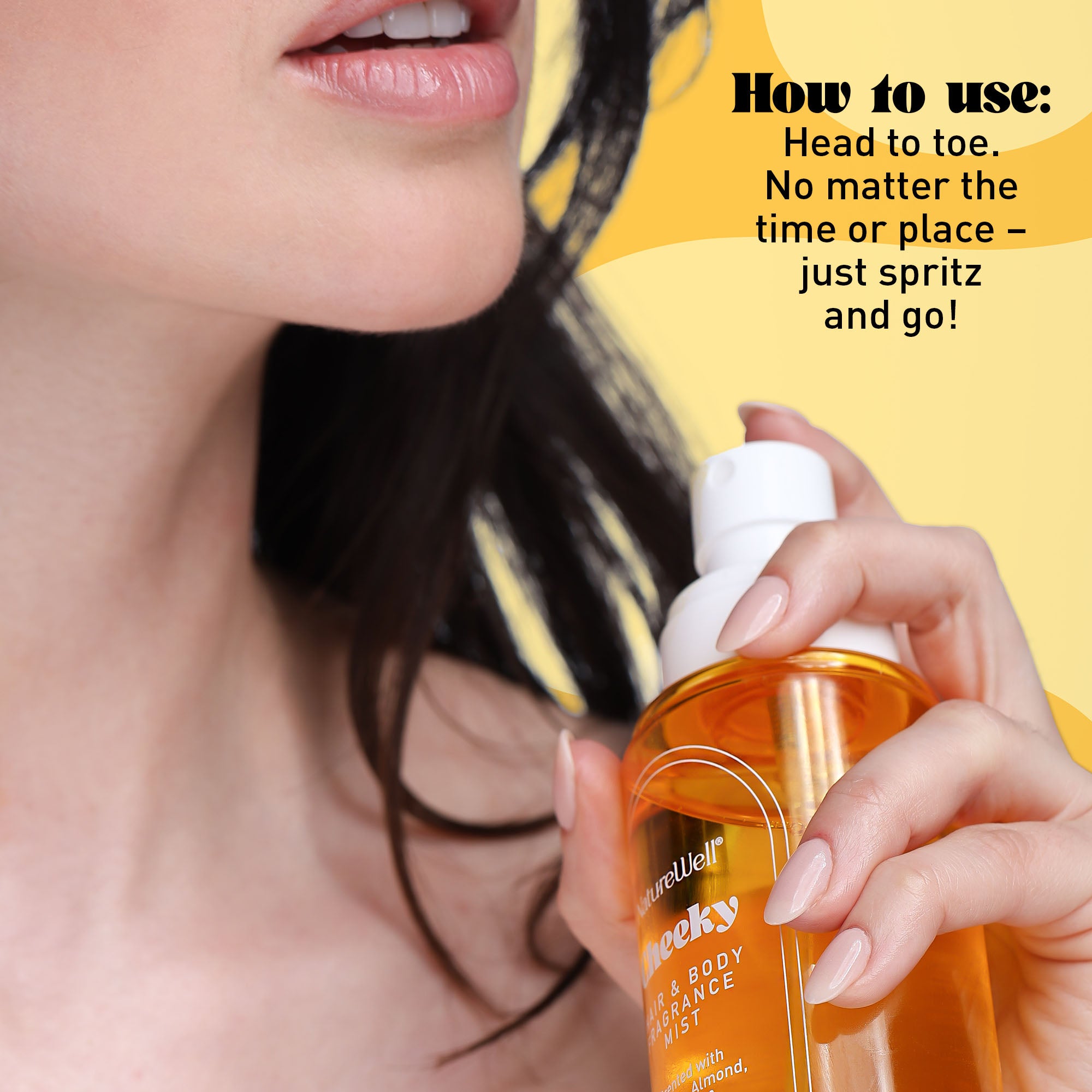 Woman applying Cheeky Fragrance Mist on a yellow background with text overlay
