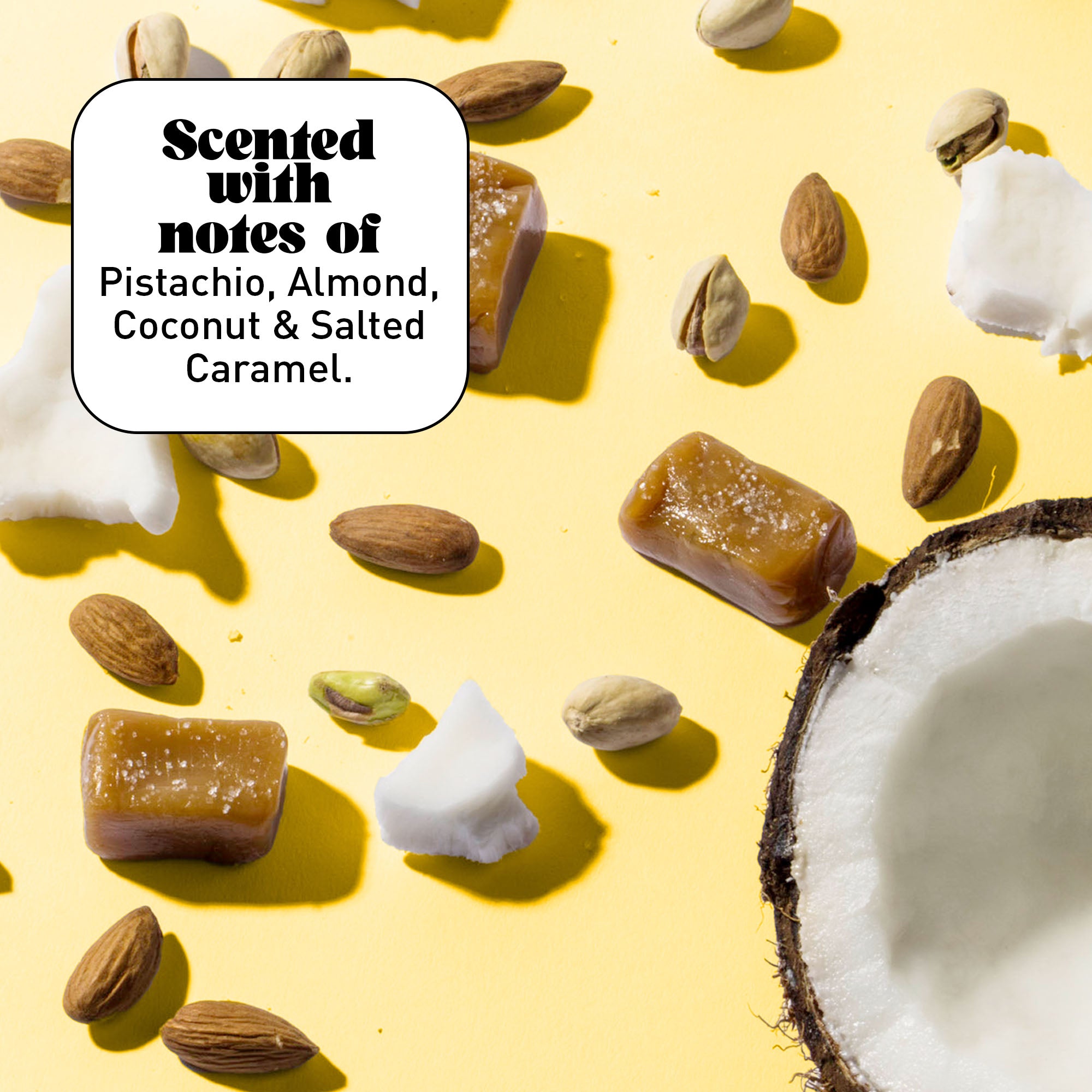 Coconut, caramel and almonds on a yellow background with text overlay
