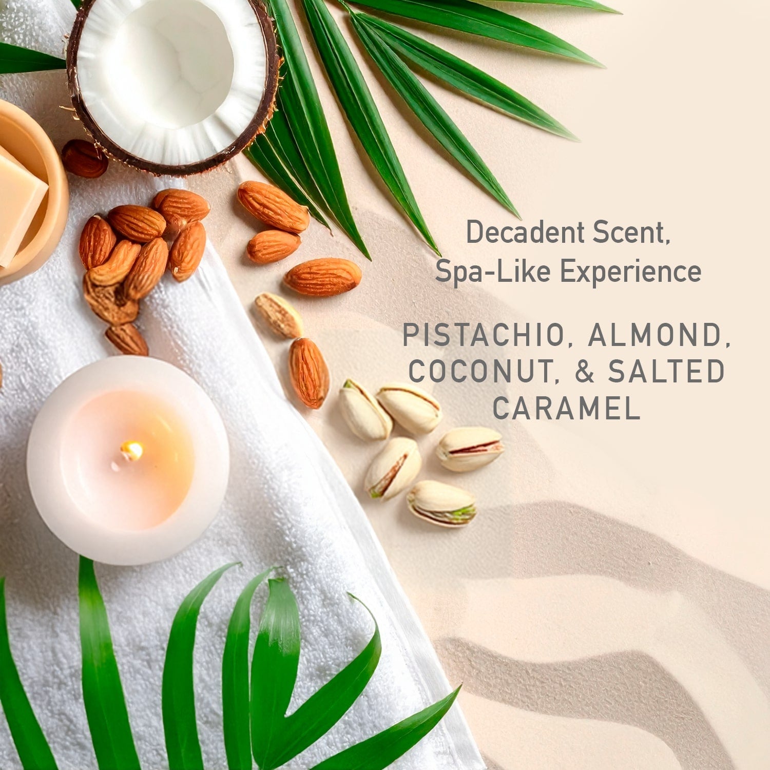 Almonds, pistachios, and coconut on a beige background with text overlay