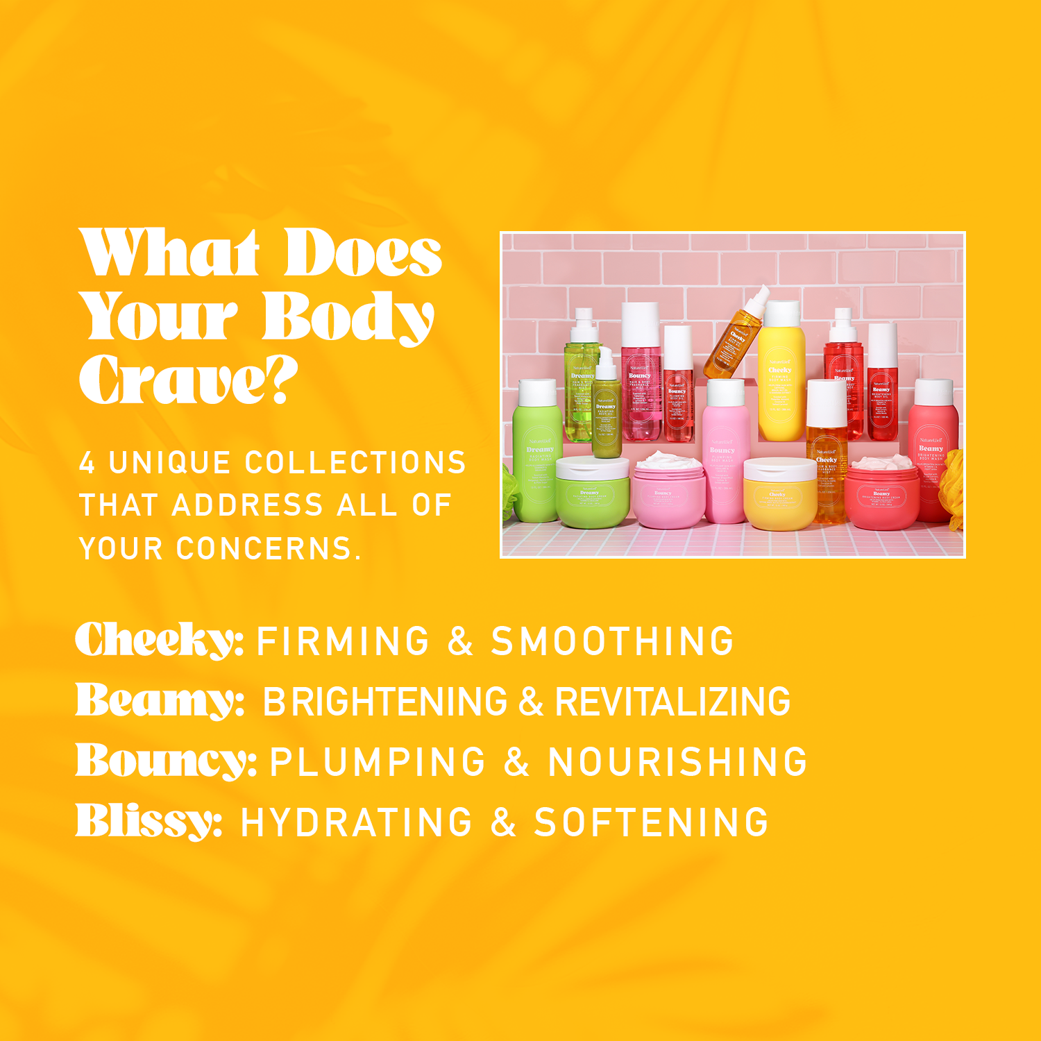 Assortment of NatureWell skincare products on a yellow background with text overlay