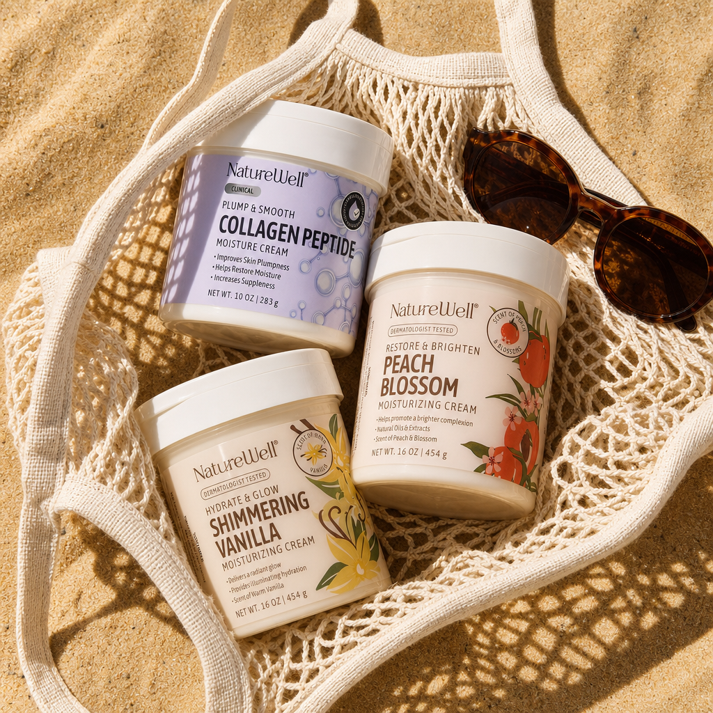 Jars of NatureWell moisturizing cream on a natural background