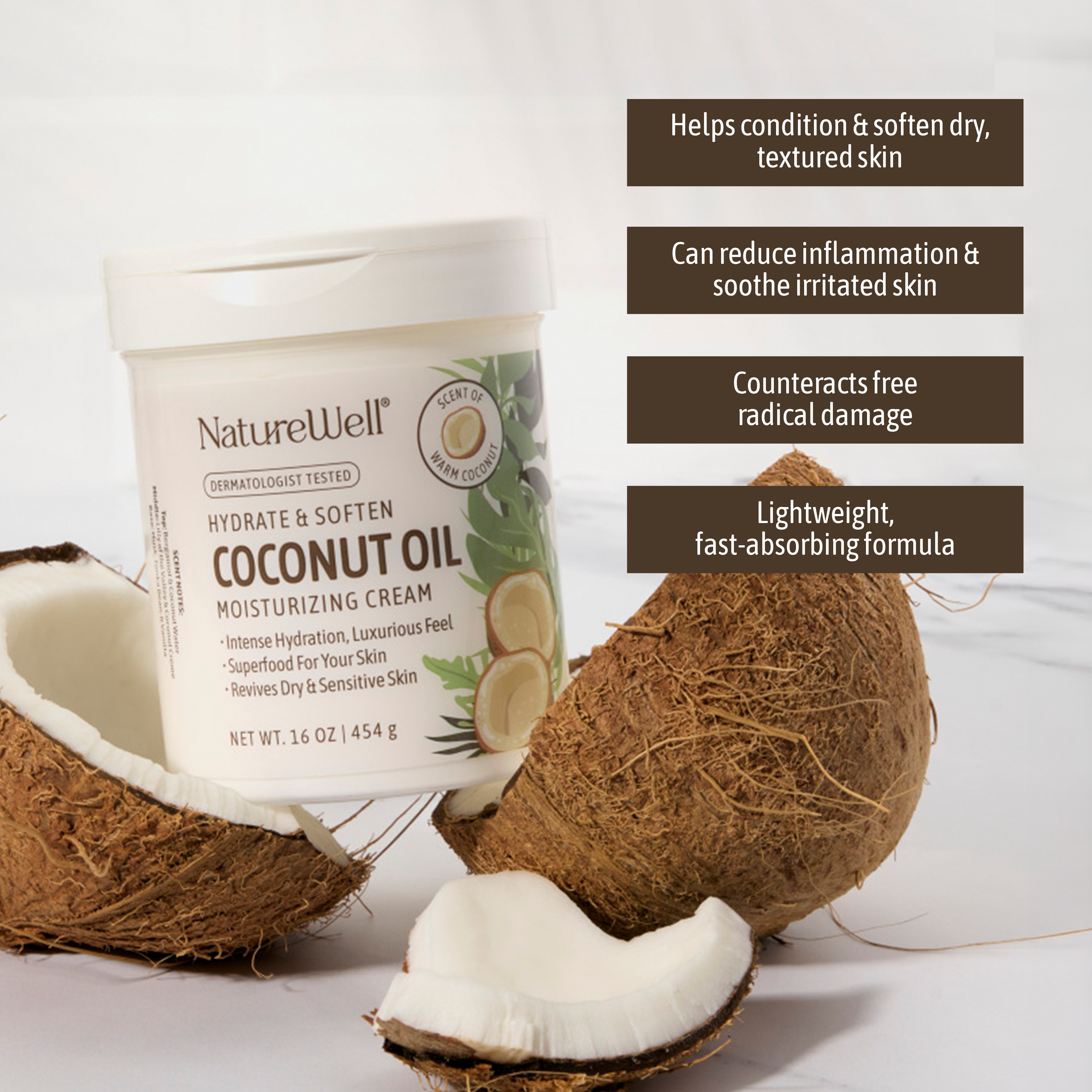 Jar of NatureWell Coconut Moisture Cream on a white background with text overlay