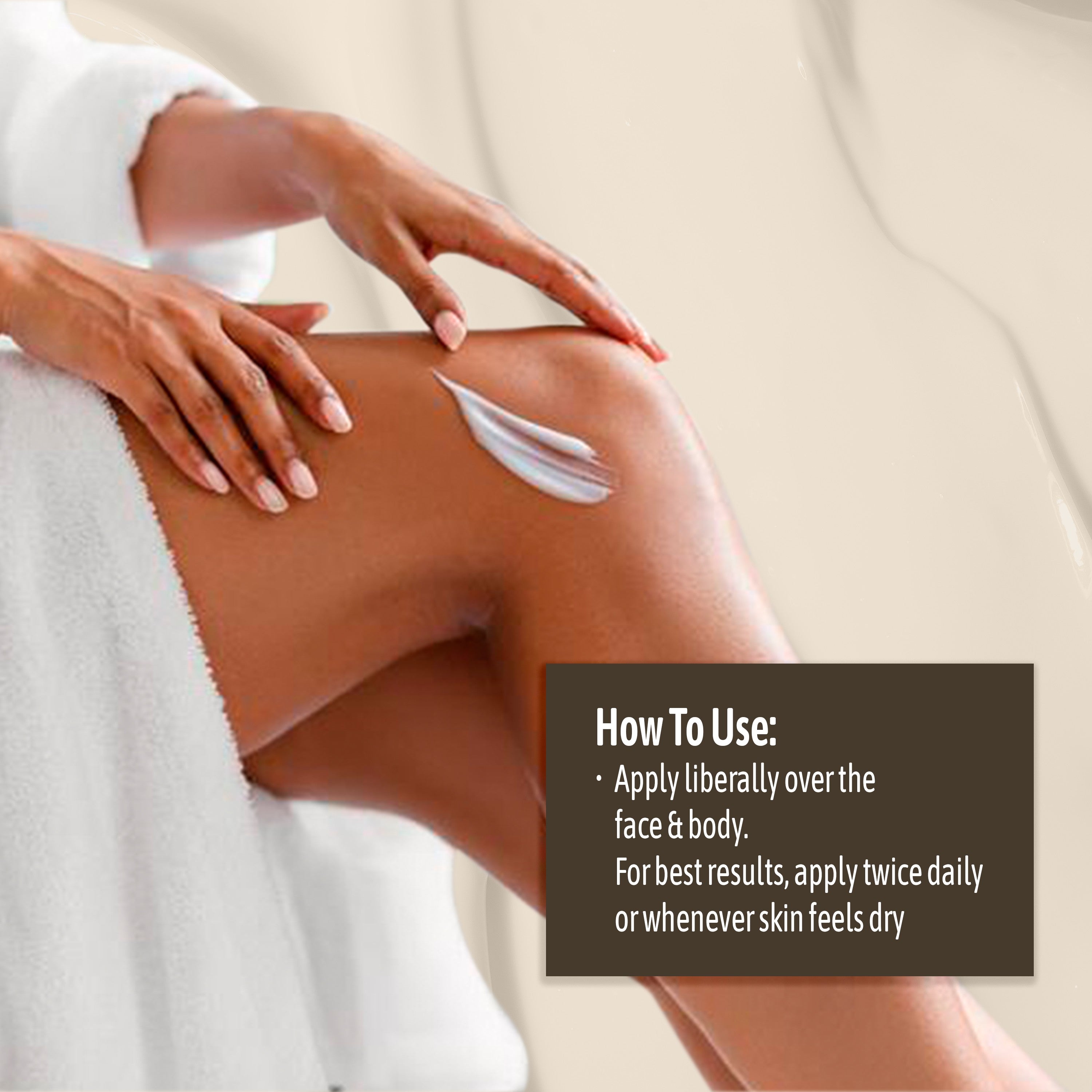 Woman applying lotion to her leg with "How to use" text overlay