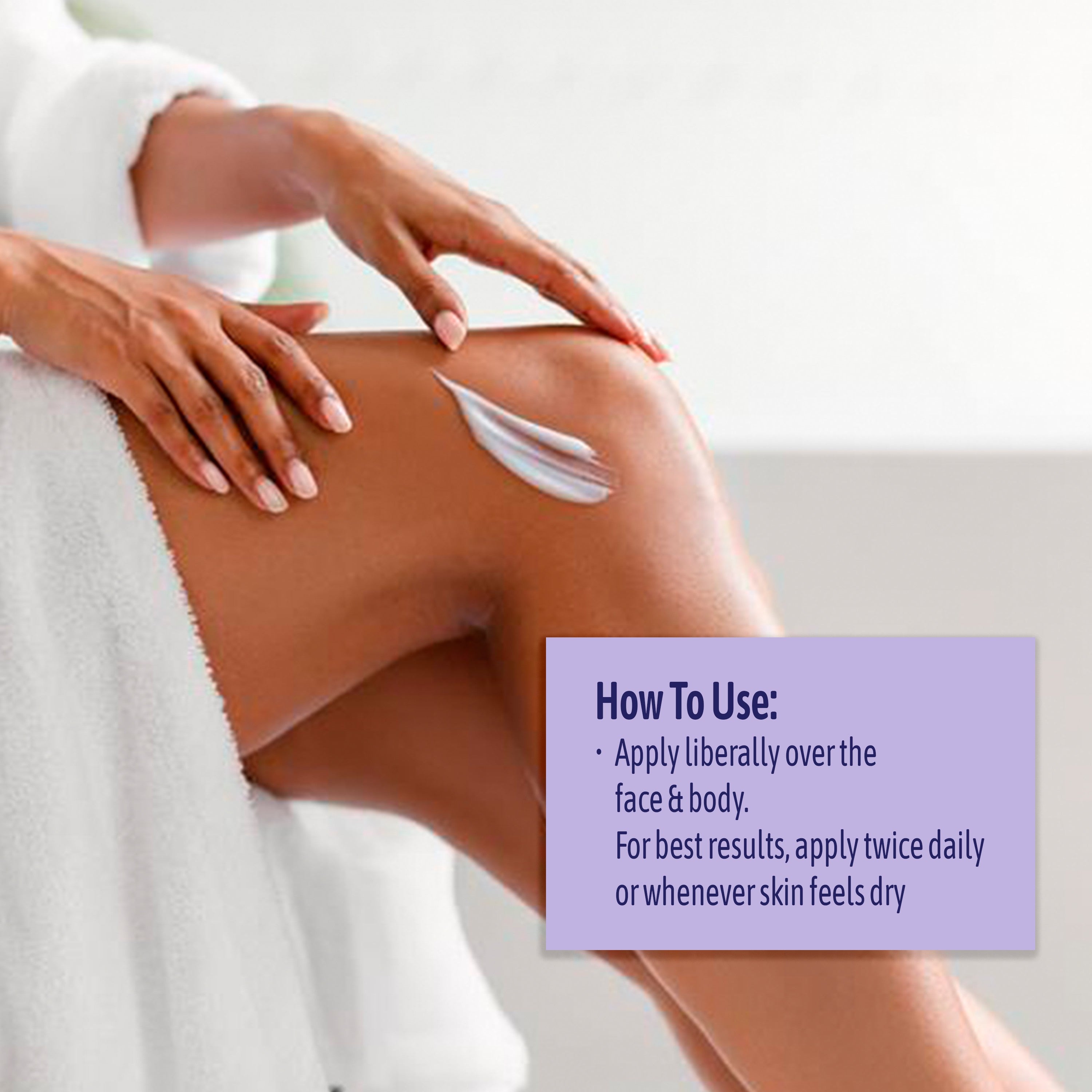 Woman applying lotion to her leg with "How to use" text overlay