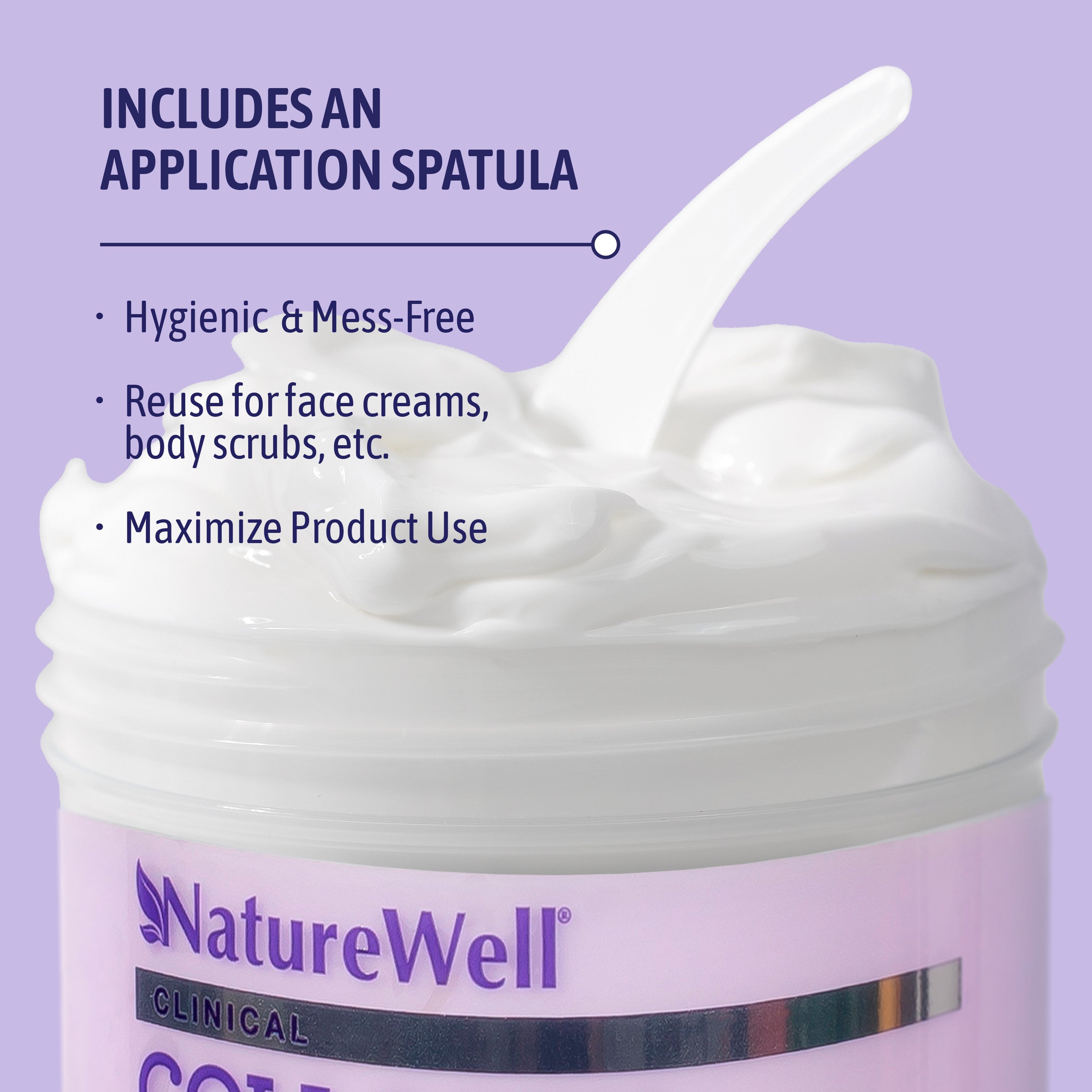 Open jar of NatureWell Collagen Cream with text overlay on a purple background