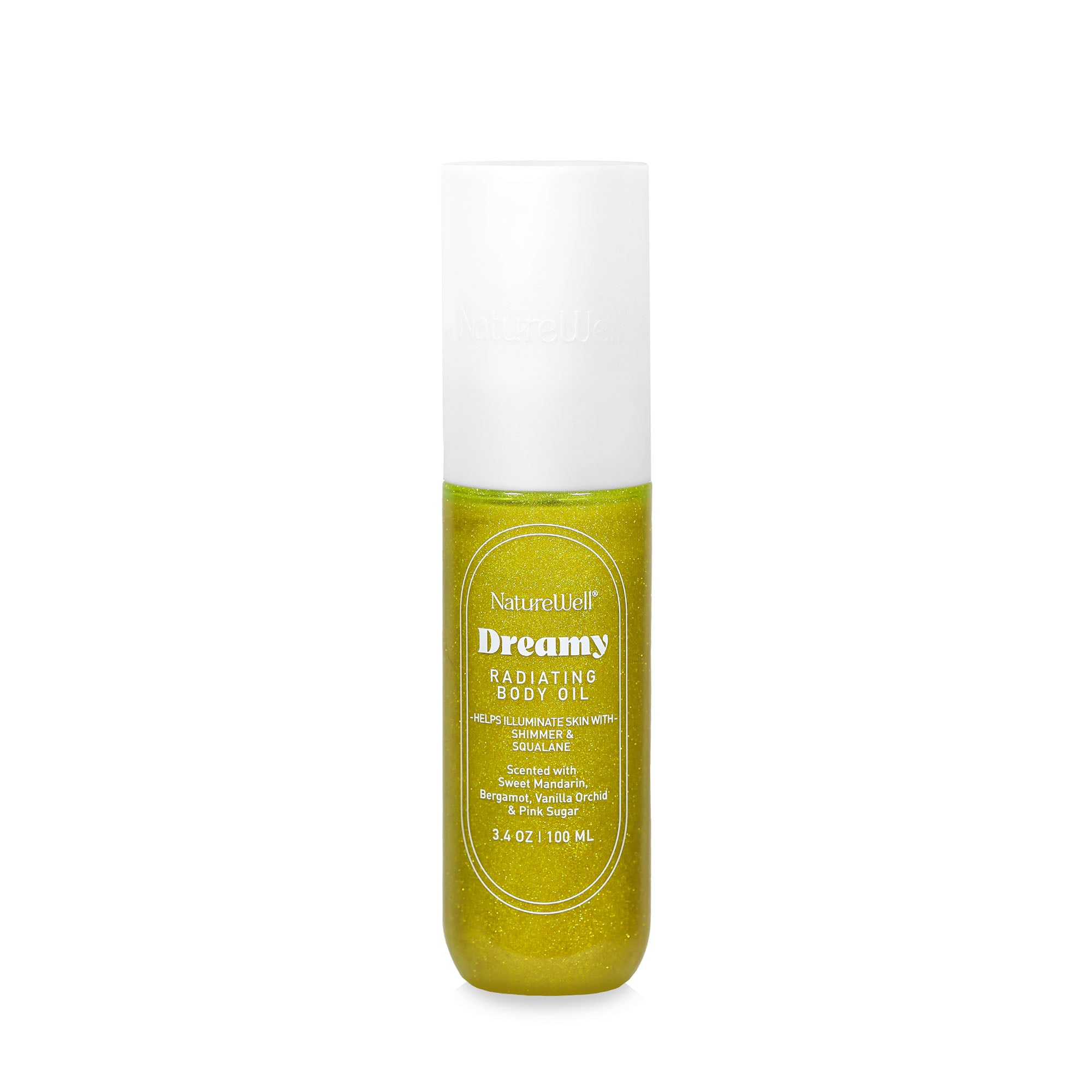 Bottle of NatureWell Dreamy Body Oil on a white background