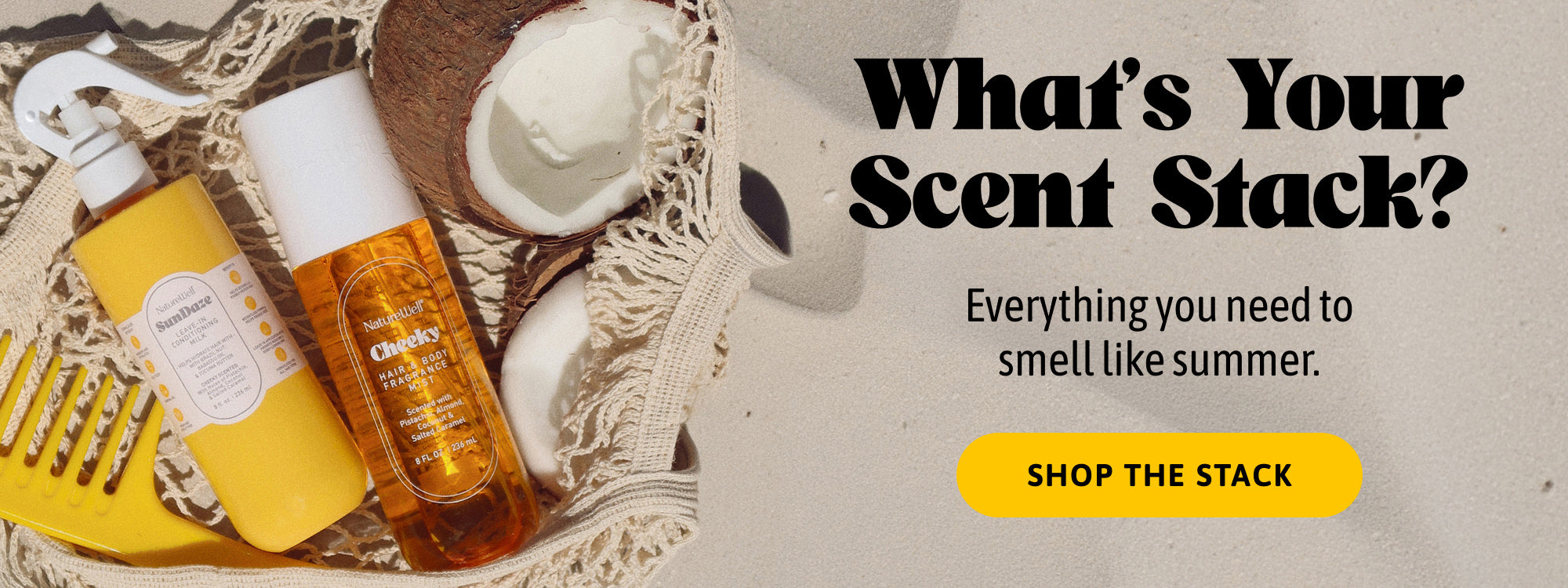 Assortment of NatureWell haircare products on a neutral background with text "Shop the Stack"