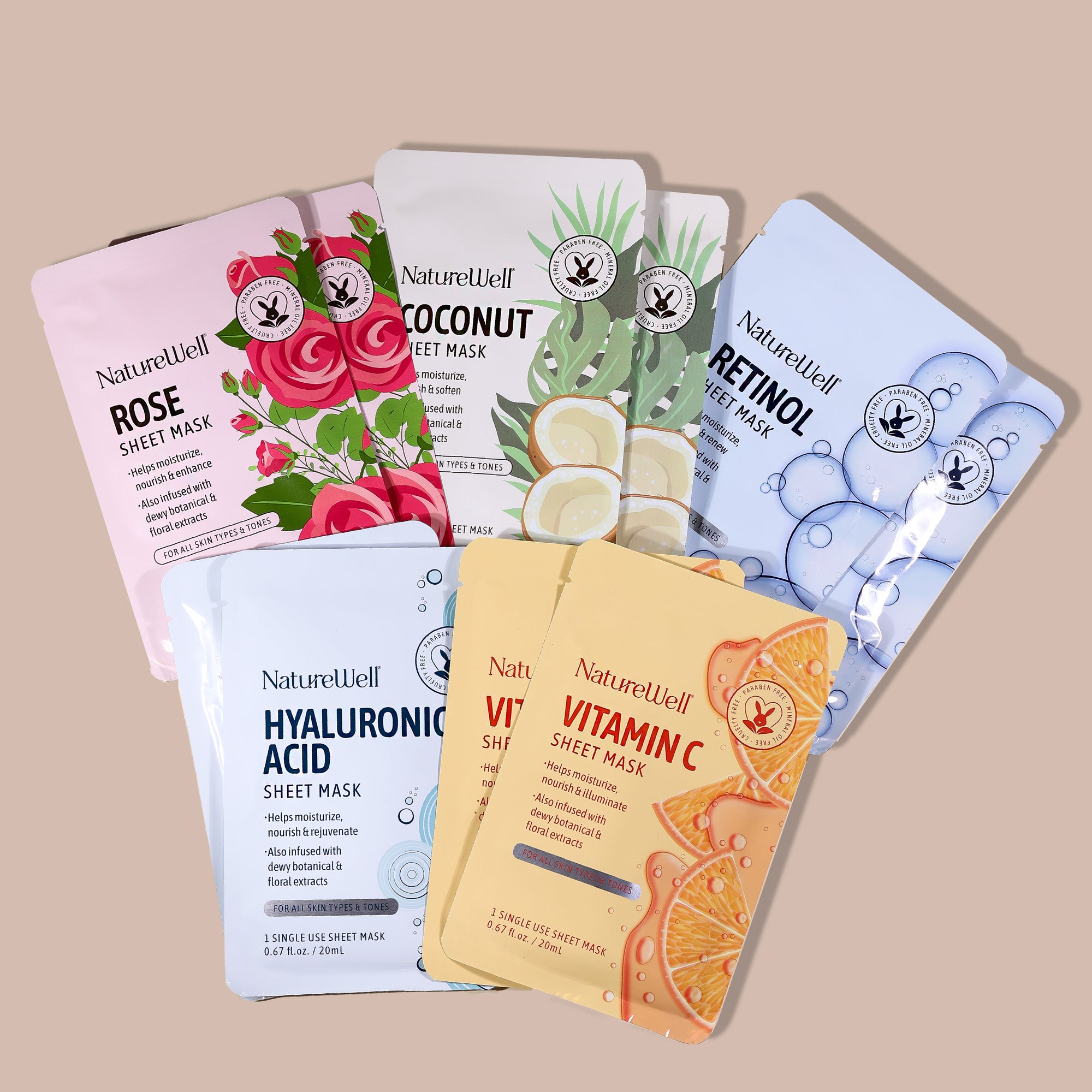 assortment of face sheet masks with 2 rose masks, 2 coconut masks, 2 retinol masks, 2 hyaluronic acid masks, and 2 vitamin c masks