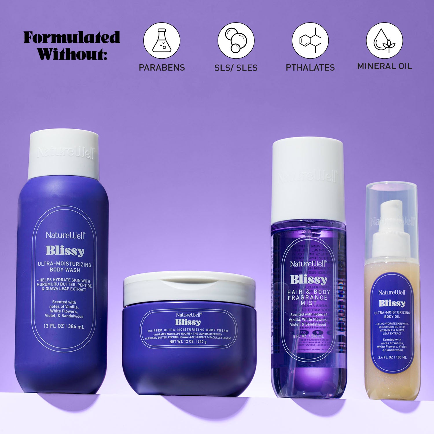 Collection of NatureWell Blissy bodycare products on a purple background