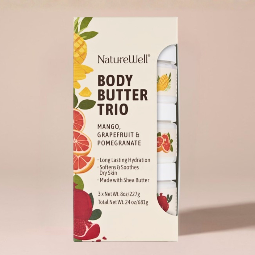 NatureWell Body Butter Trio in Mango, Grapefruit and Pomegranate on a beige background