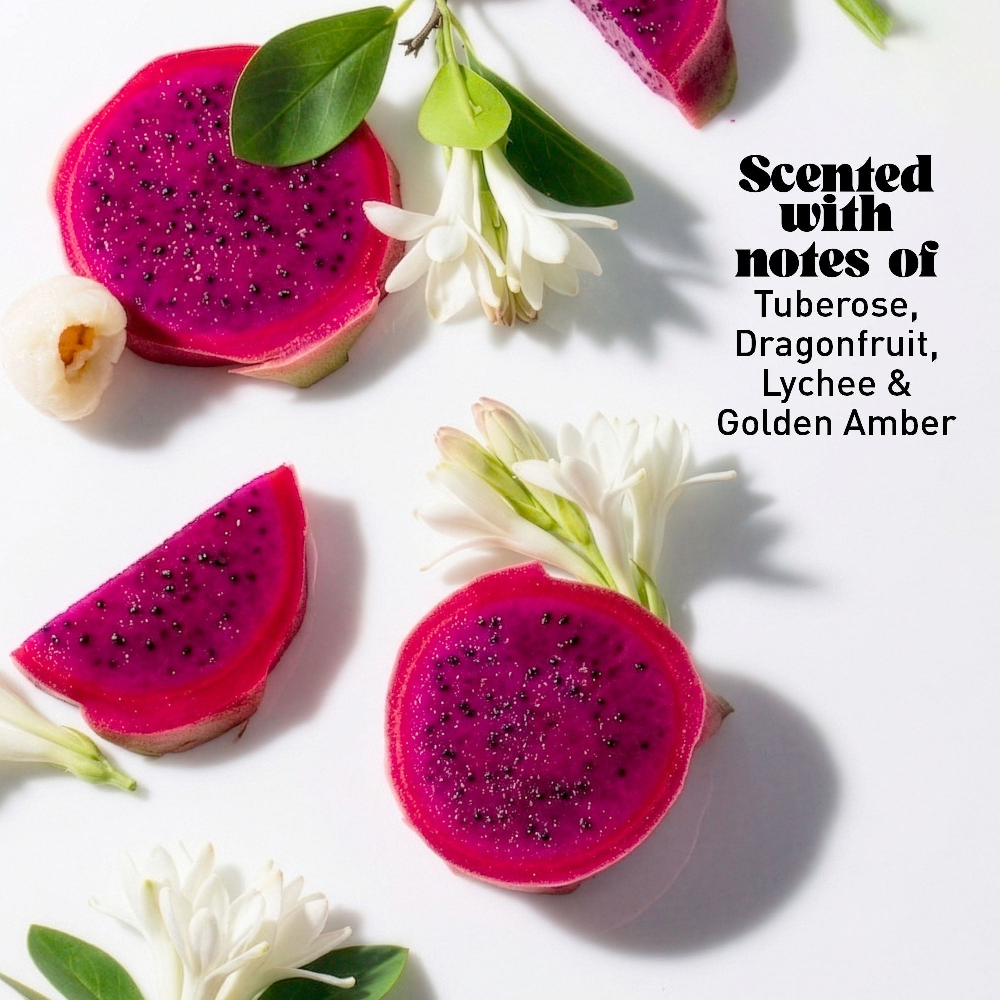 White flowers and slices of dragon fruit on a white background with text overlay