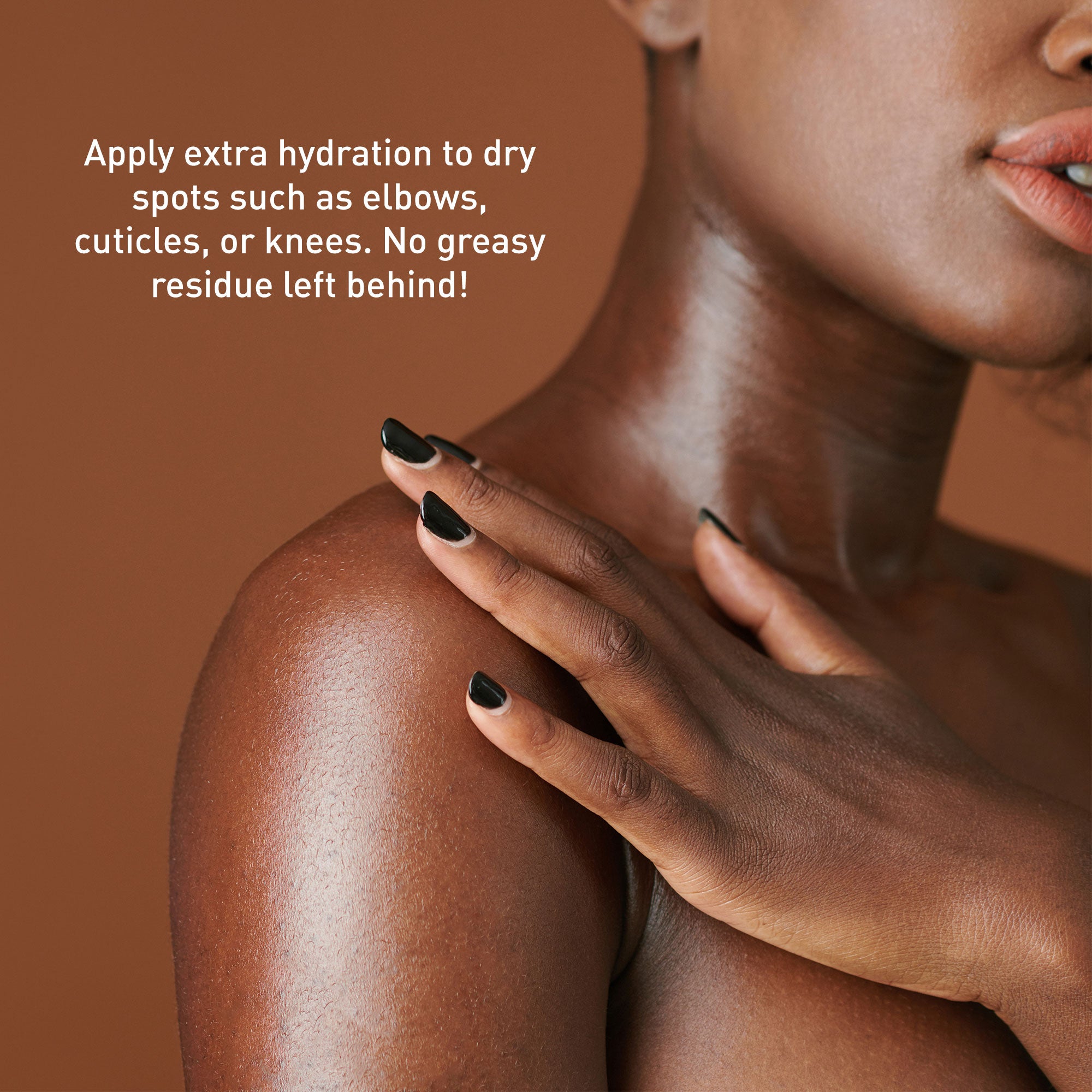 a woman's manicured hand applying body oil to shoulder area with details of skin benefits and target areas