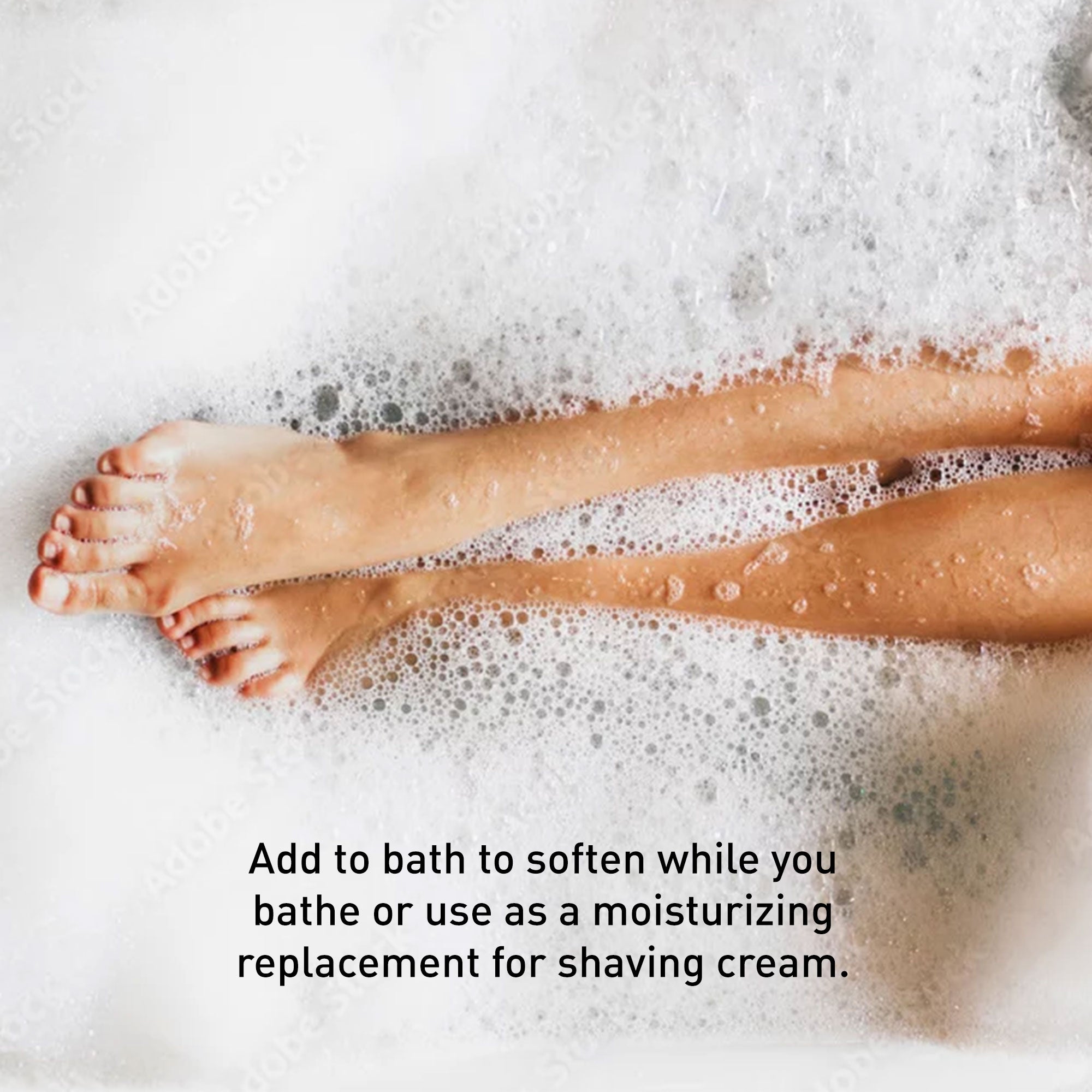 woman's legs floating in a bubble bath setting with a suggestion to add body oil to bath water for moisturizing benefits