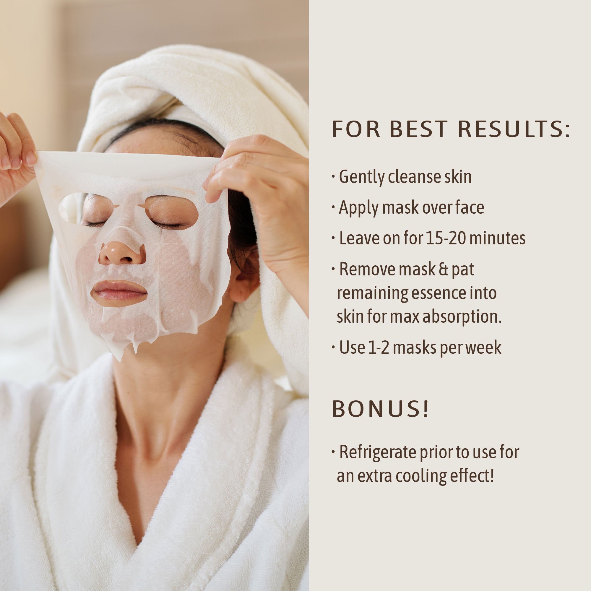 a woman in a spa setting applying sheet mask next to list of instructions for how to use including applying mask on clean skin and leaving on for 15-20 minutes