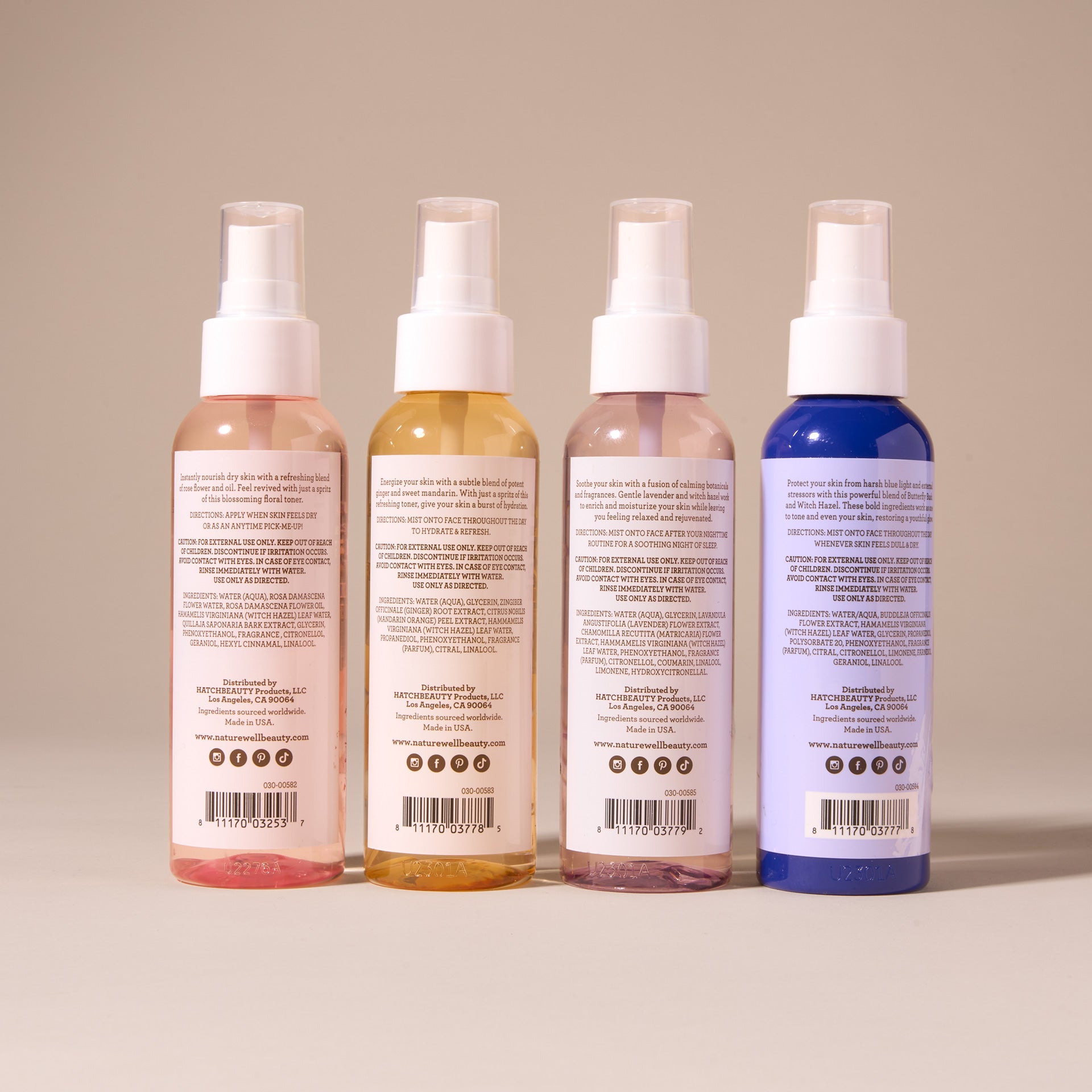 back of 4 bottles of facial toner sprays showing product ingredients and how to use