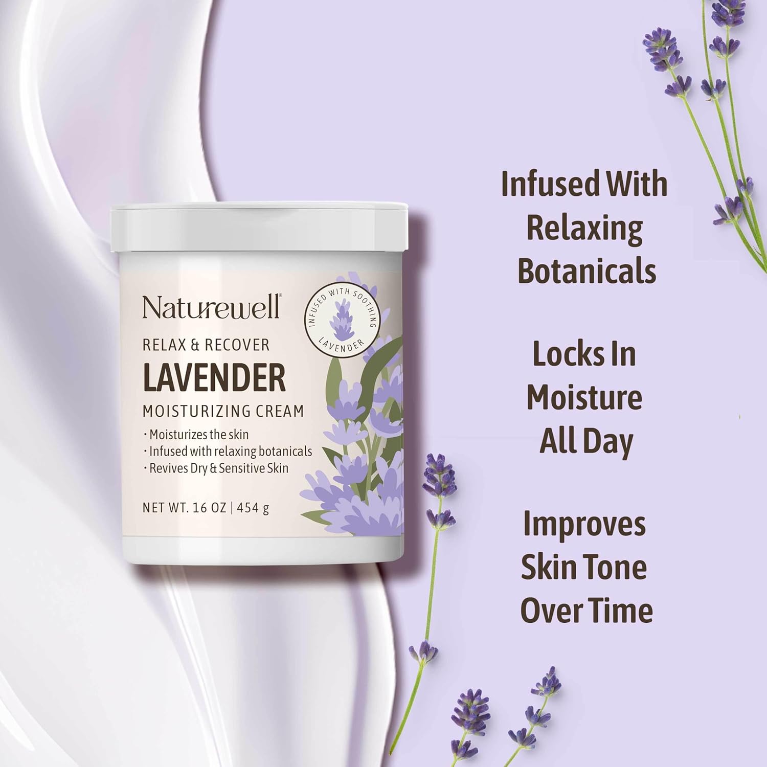 NatureWell Lavender Moisture Cream is infused with relaxing botanicals that lock in moisture and improve skin tone