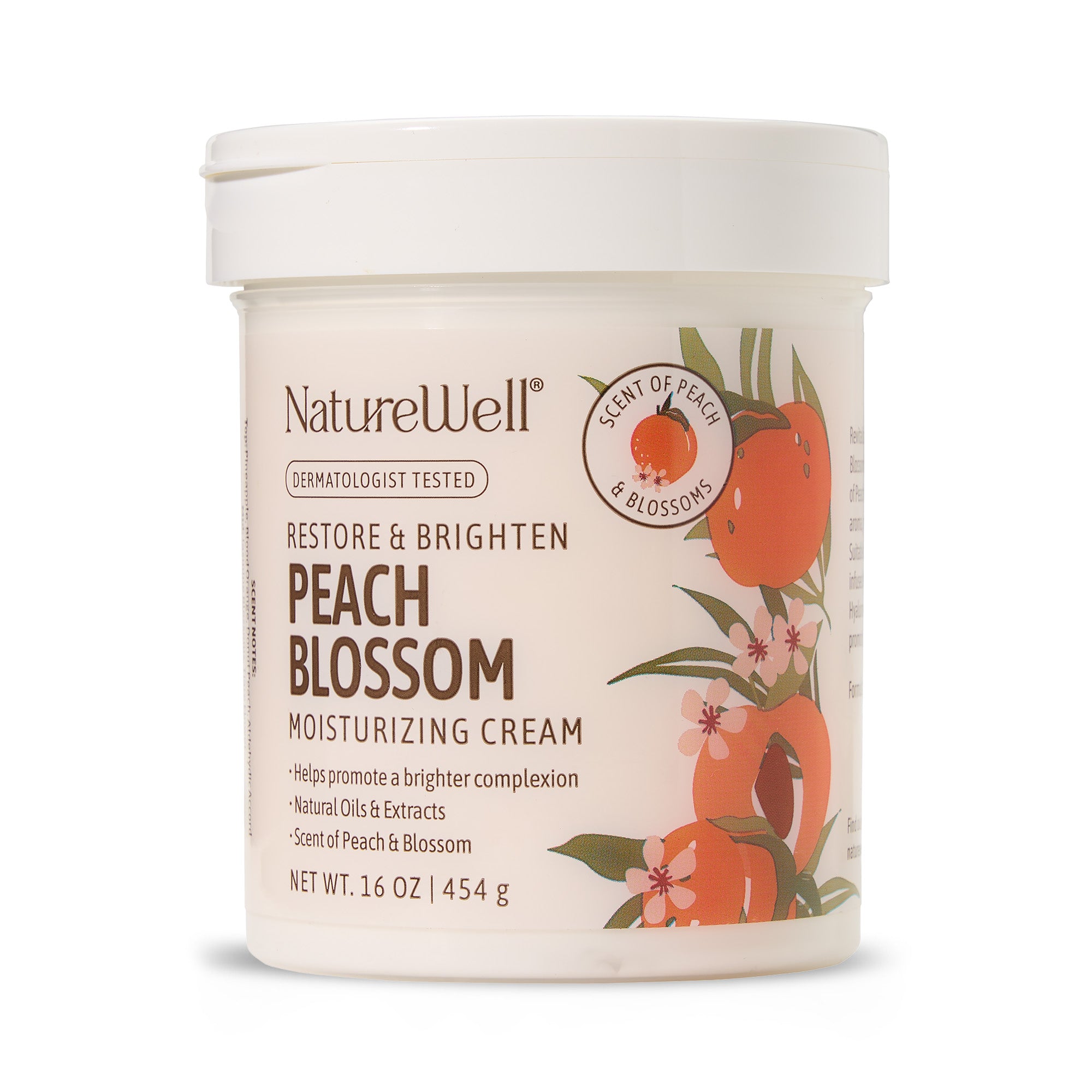 Jar of NatureWell Peach Blossom moisturizing cream on a white background