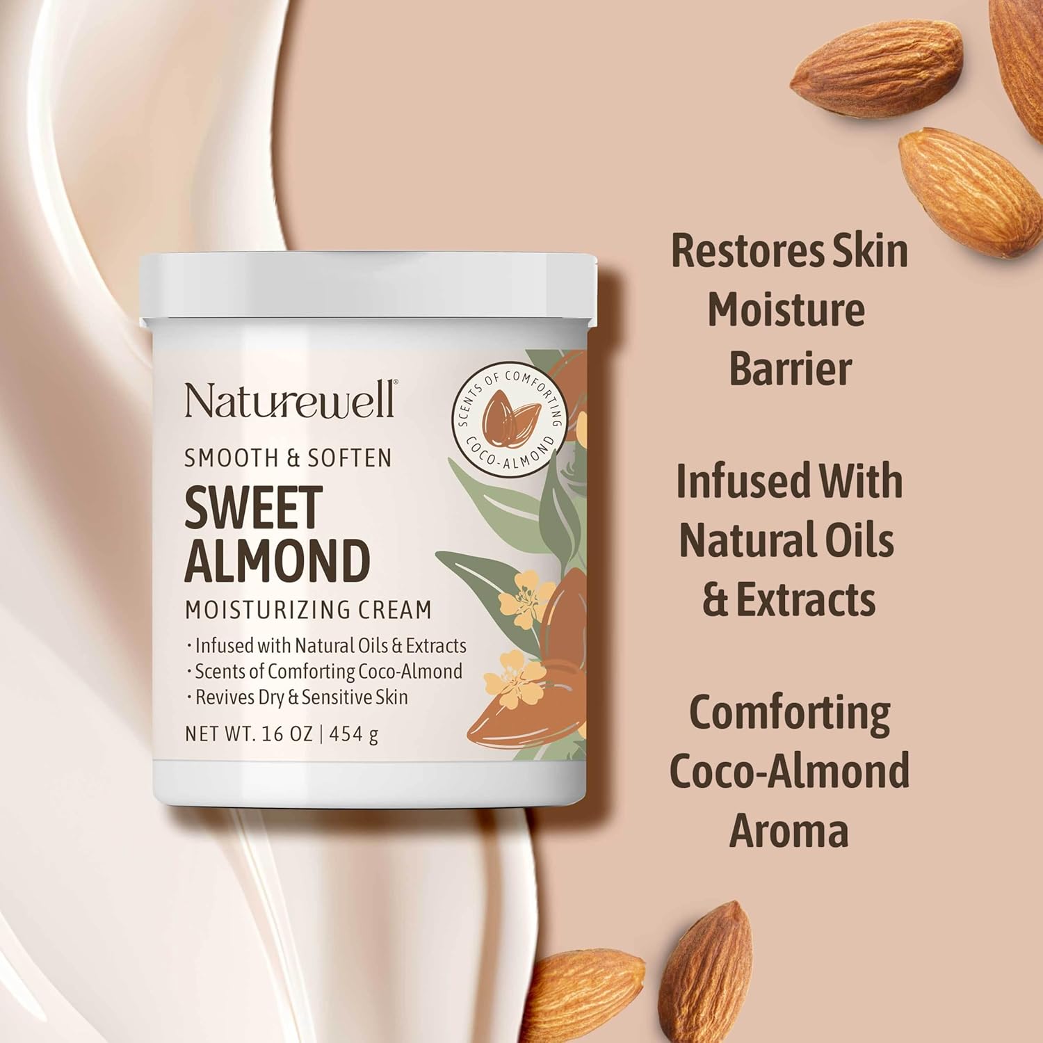 NatureWell Sweet Almond Moisturizing Cream contains natural oils and extracts that restore the skin barrier and has a comforting coconut almond aroma