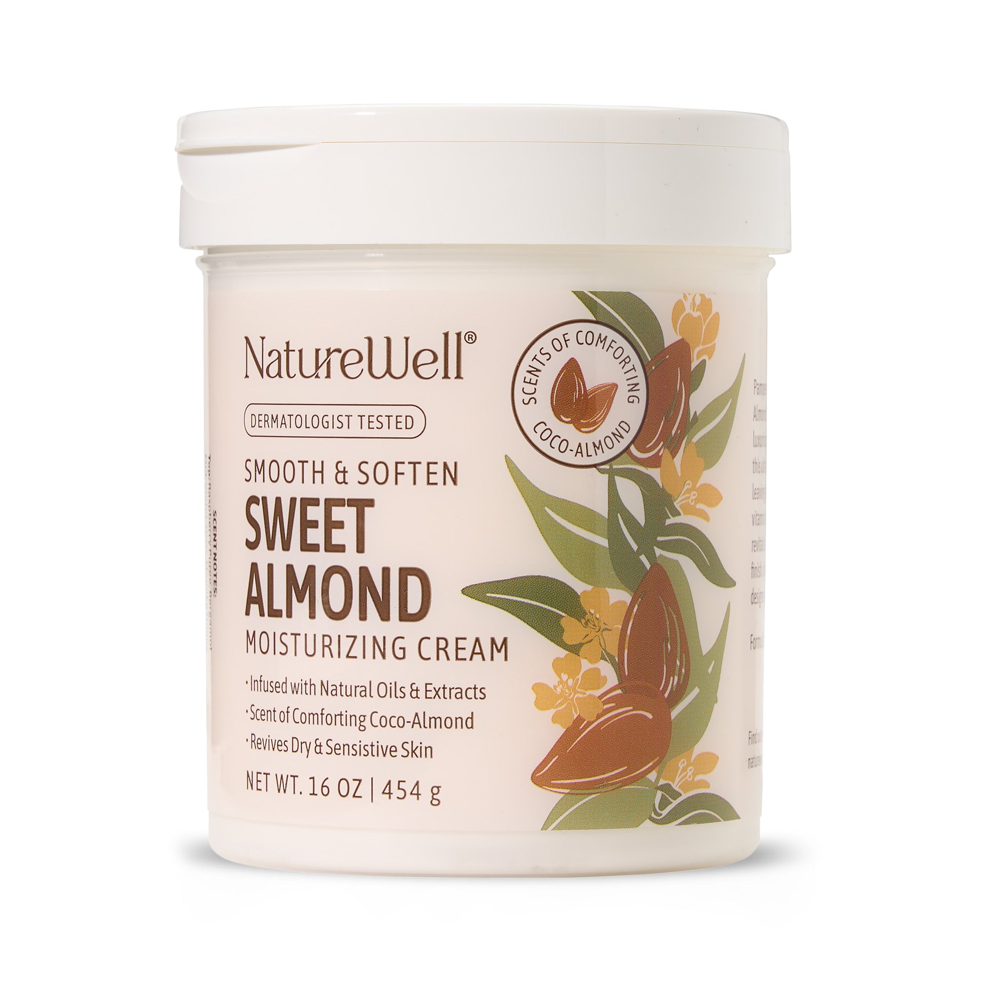 Jar of NatureWell Sweet Almond moisturizing cream on a white background