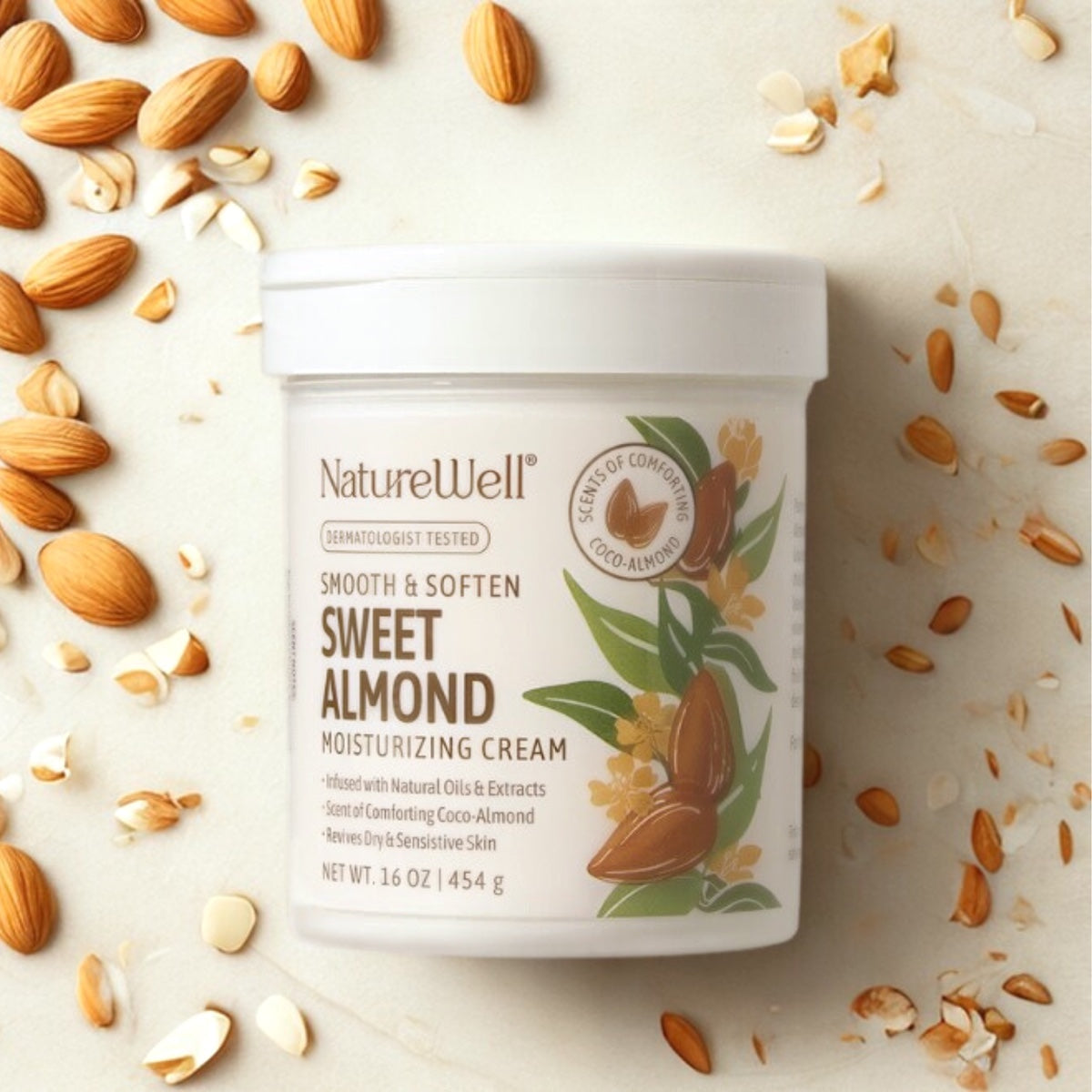 Jars of NatureWell Sweet Almond Moisturizing Cream surrounded by slivered almonds