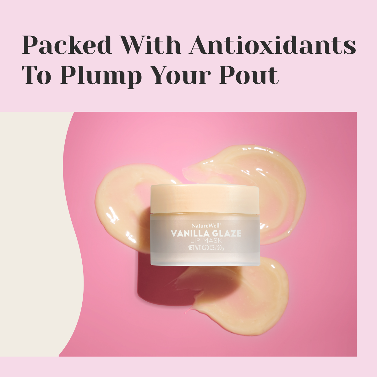 Jar of NatureWell Vanilla Glaze Lip Mask on a pink background with swatch of product