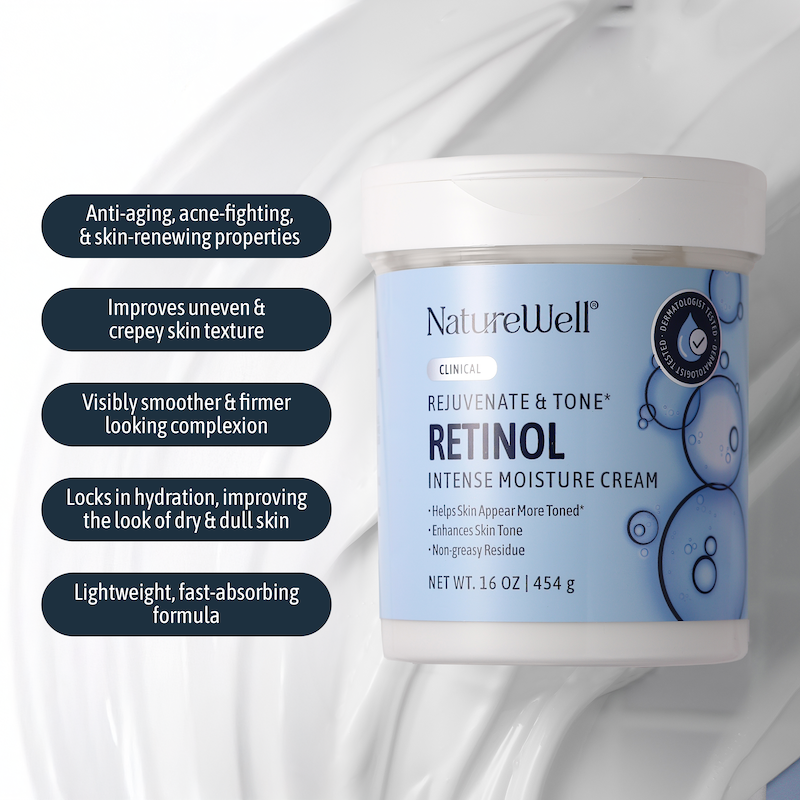 Jar of NatureWell Retinol Moisture Cream with text overlay on a white background