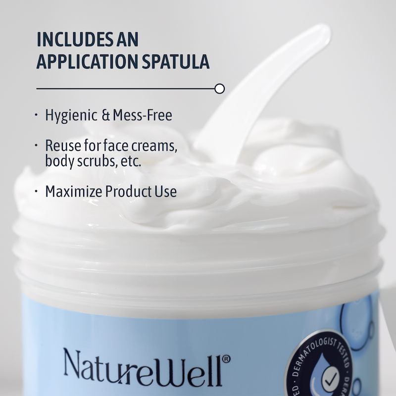 Open jar of NatureWell Retinol Moisture Cream with text overlay on a white background