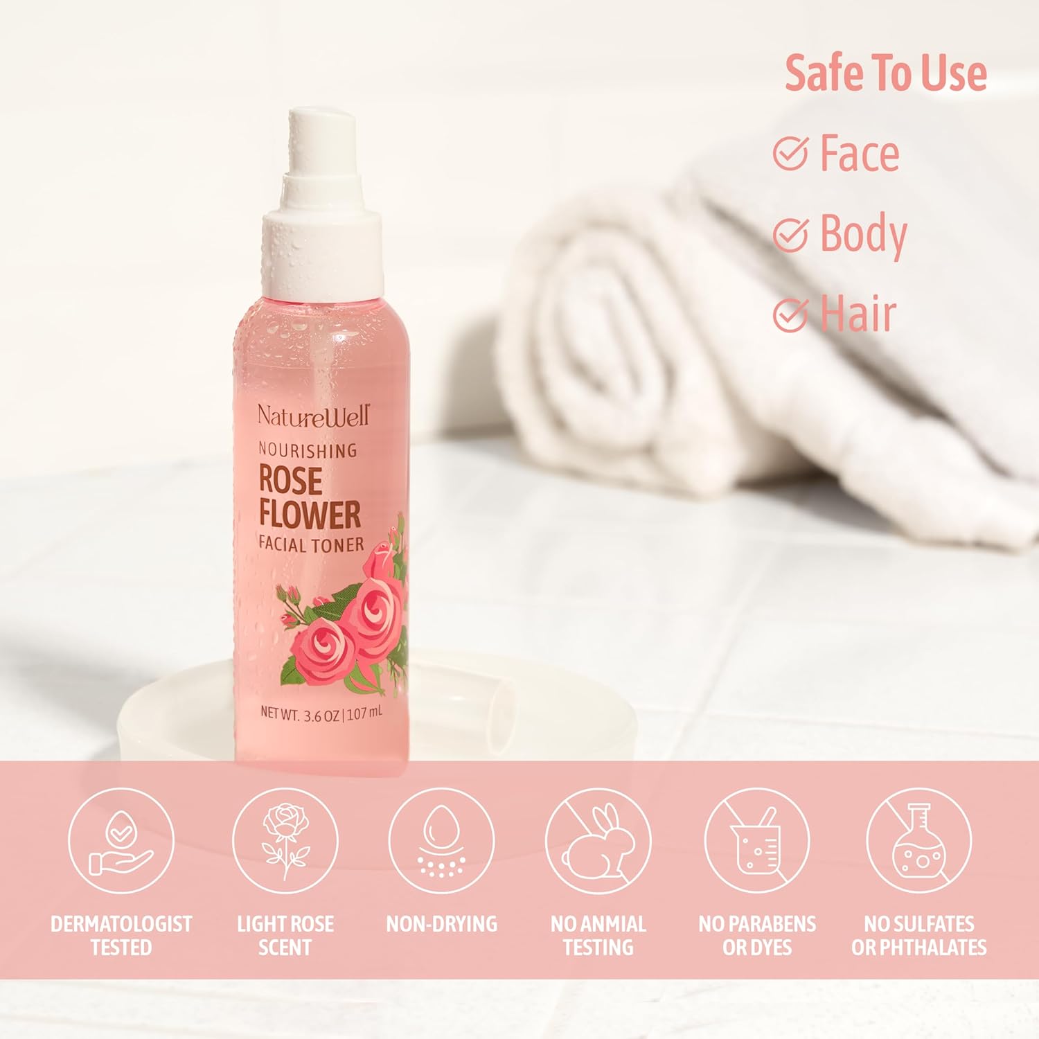 3.6 ounce bottle of NatureWell nourishing rose flower facial toner spray on white bathroom counter
