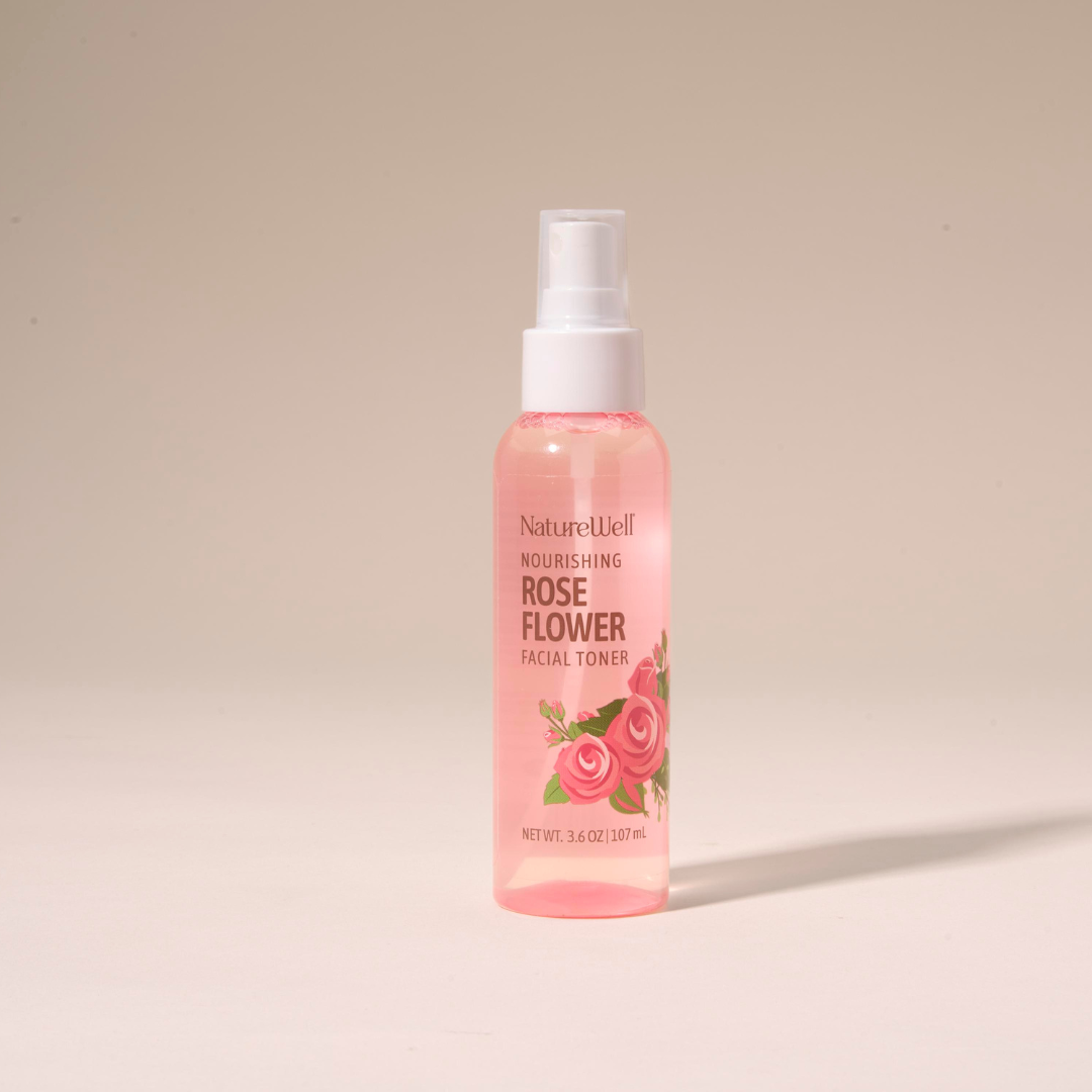 bottle of pink colored rose flower facial toner spray
