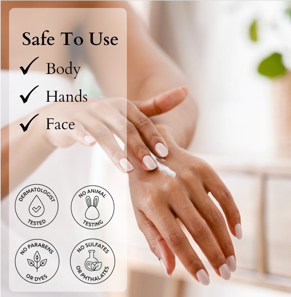 manicured fingers applying paraben/sulfate/cruelty-free and dermatologist tested moisture cream to a hand