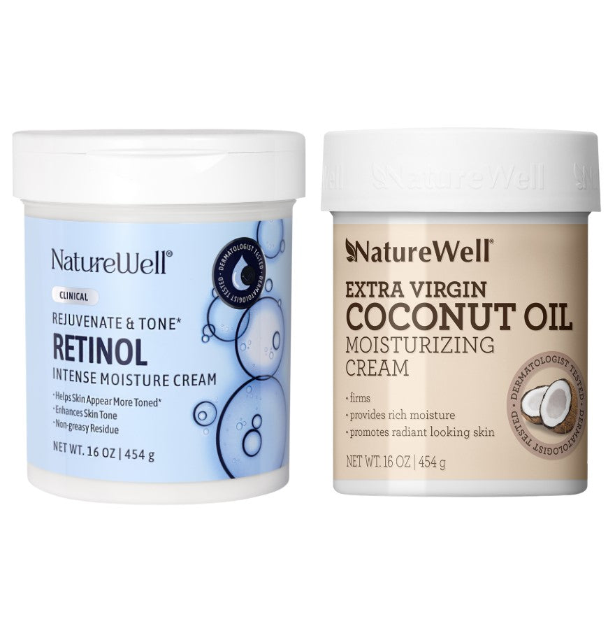Jars of NatureWell Retinol Intense Moisture Cream and NatureWell Coconut Oil Moisture Cream