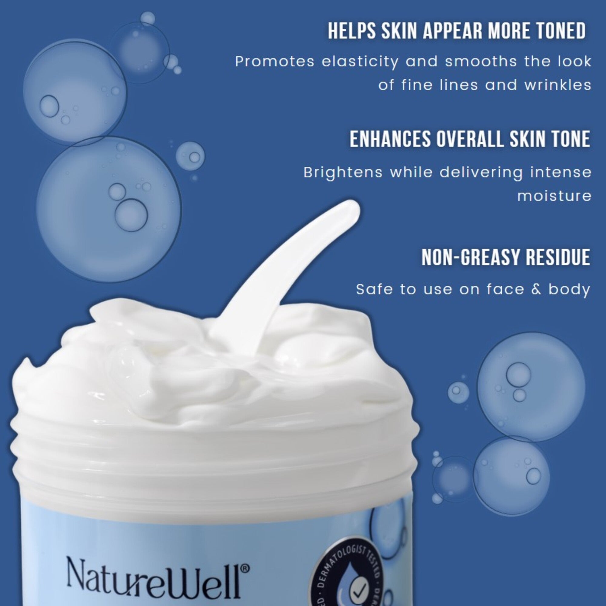 infographic listing skin benefits from continued use of collagen cream which includes improved elasticity and tone