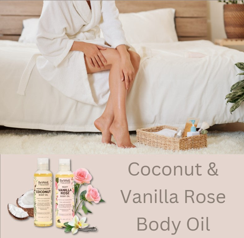 woman in a relaxing setting with a basket of skin products nearby, featuring a colorful graphic of coconut and vanilla rose body oils in foreground