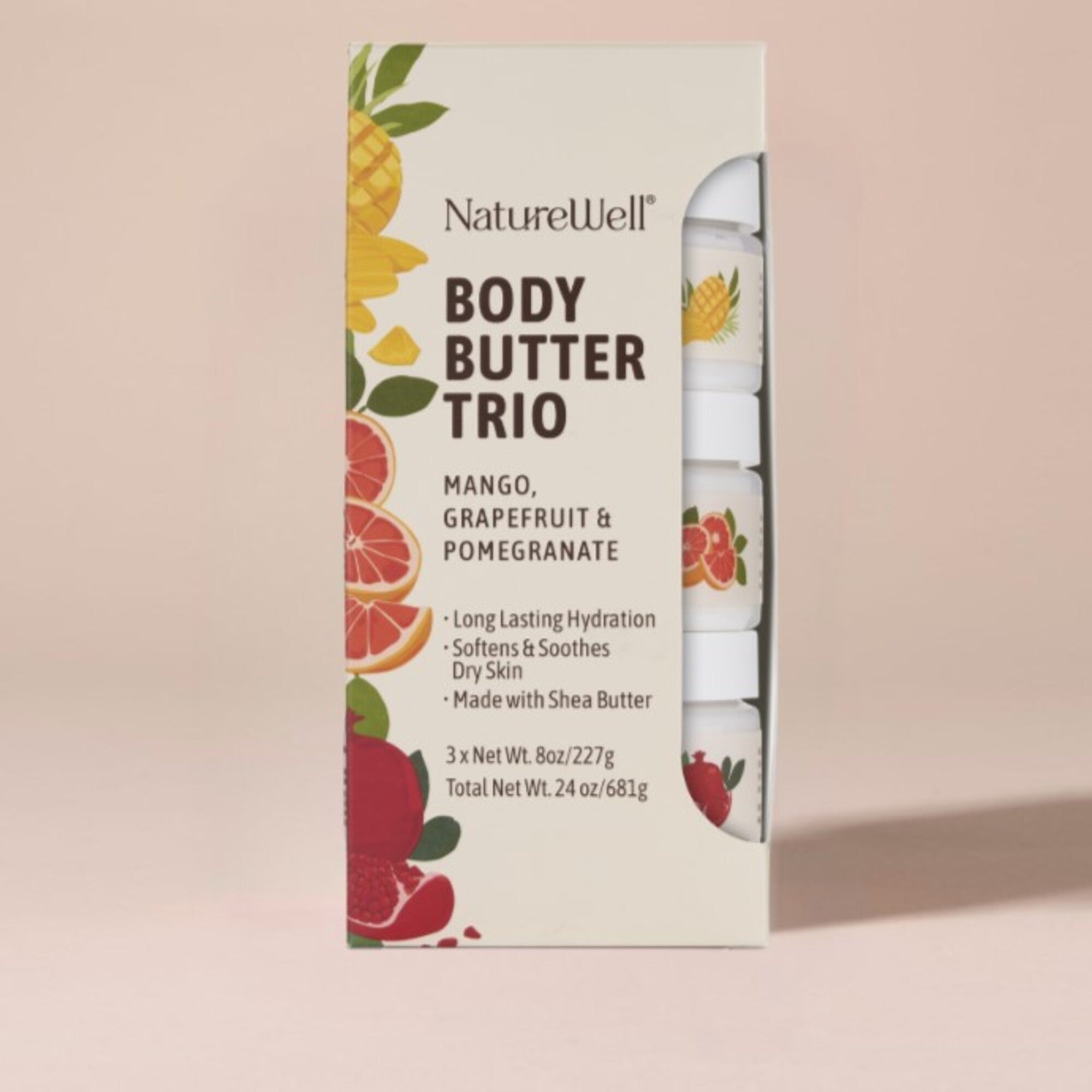 bundle of 3 jars of scented shea butter body creams inside colorful packaging